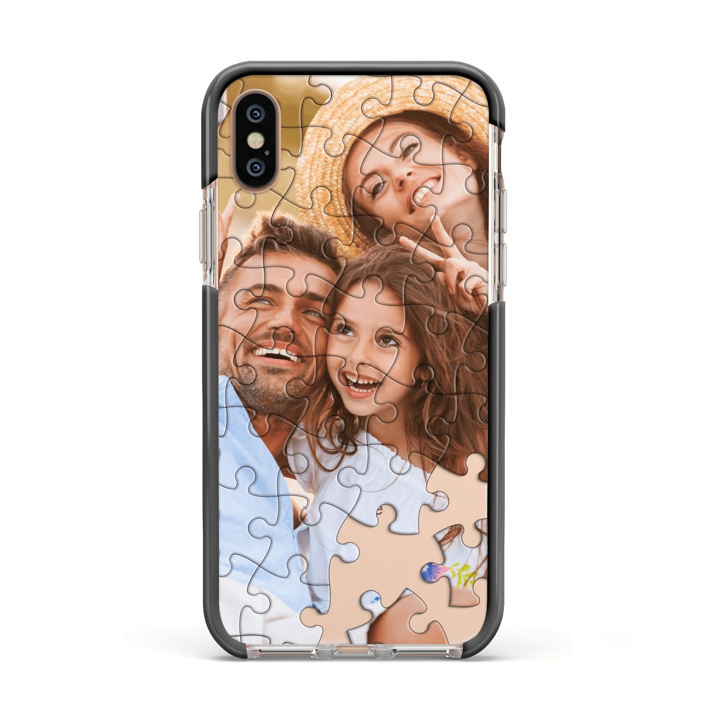 Personalised Photo Upload Puzzle Effect Apple iPhone Xs Impact Case Black Edge on Gold Phone