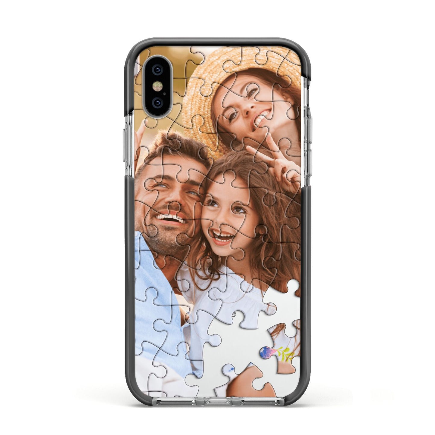 Personalised Photo Upload Puzzle Effect Apple iPhone Xs Impact Case Black Edge on Silver Phone