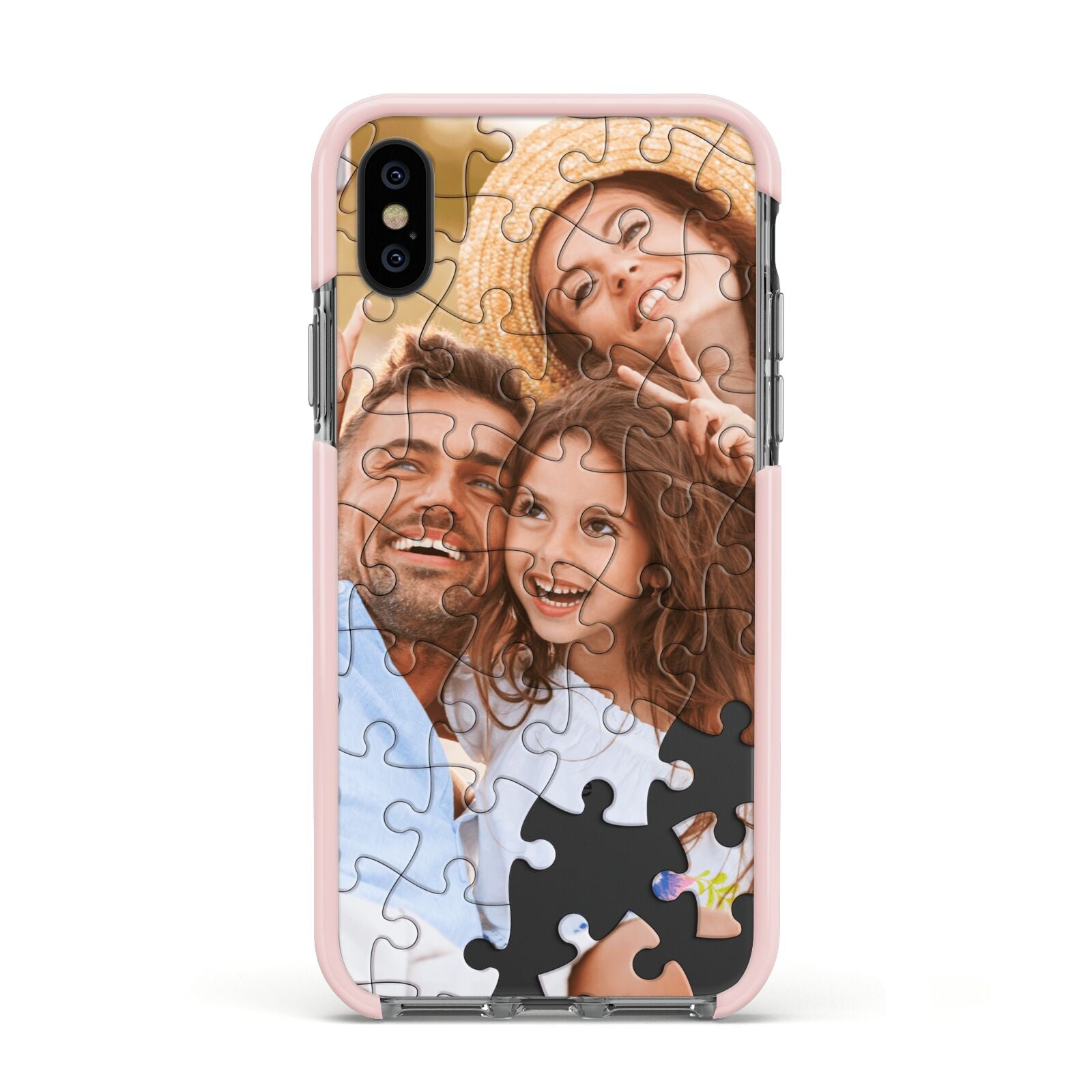 Personalised Photo Upload Puzzle Effect Apple iPhone Xs Impact Case Pink Edge on Black Phone