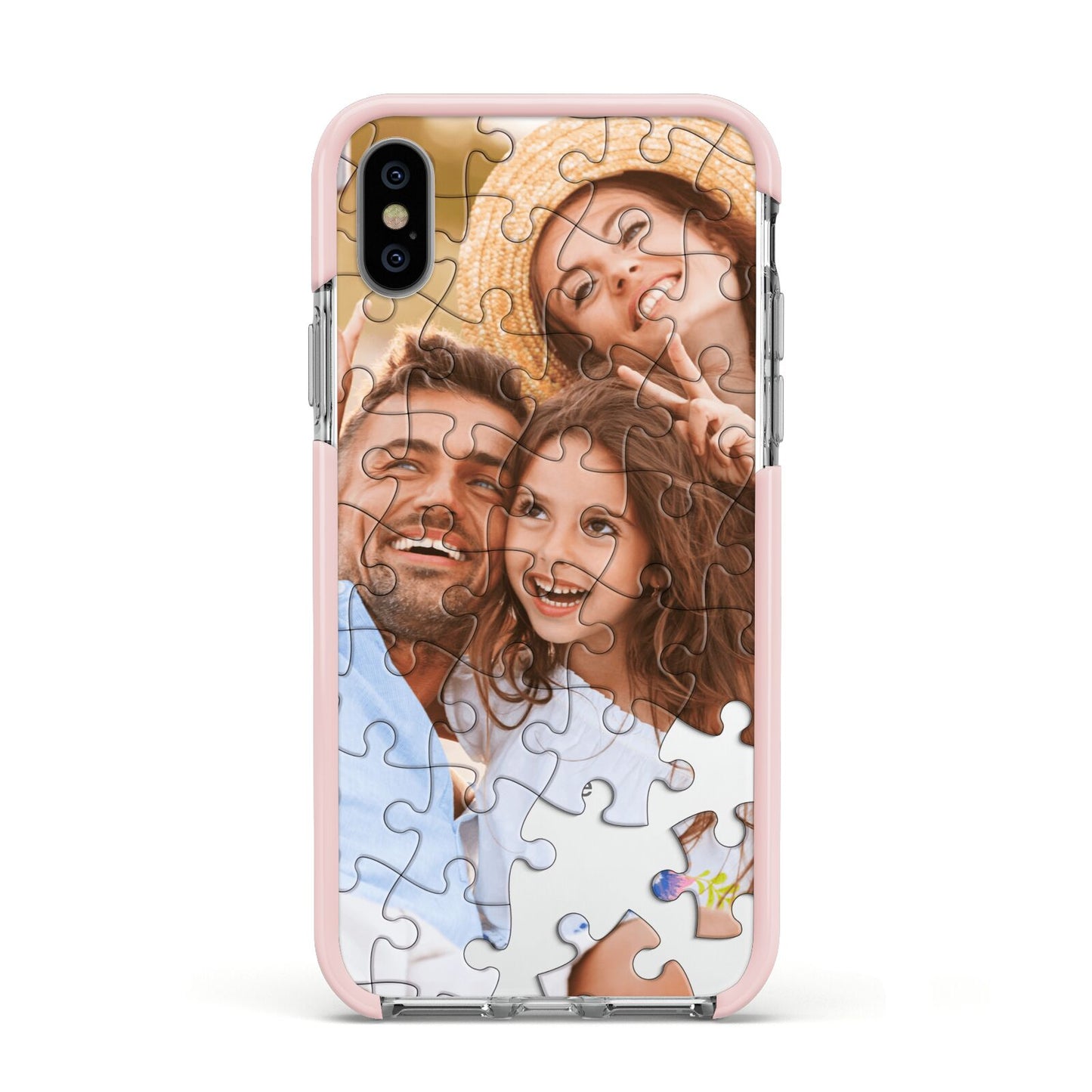 Personalised Photo Upload Puzzle Effect Apple iPhone Xs Impact Case Pink Edge on Silver Phone