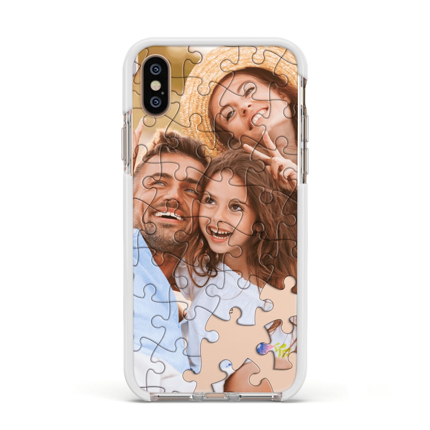 Personalised Photo Upload Puzzle Effect Apple iPhone Xs Impact Case White Edge on Gold Phone