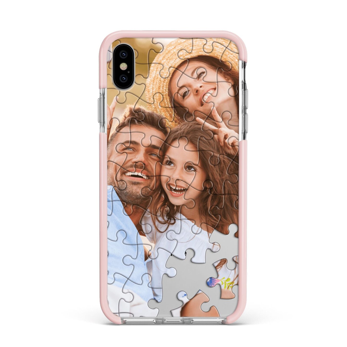 Personalised Photo Upload Puzzle Effect Apple iPhone Xs Max Impact Case Pink Edge on Silver Phone