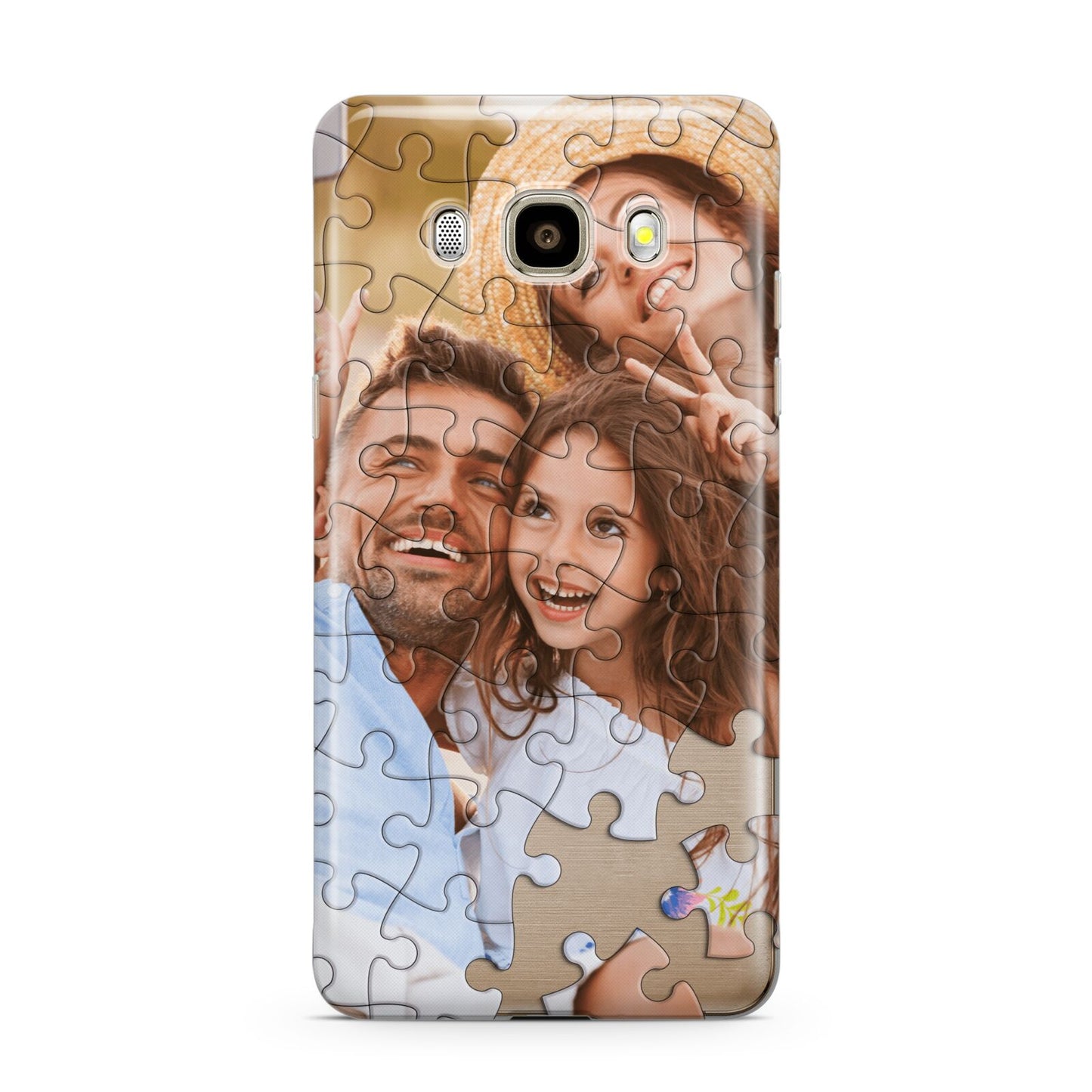 Personalised Photo Upload Puzzle Effect Samsung Galaxy J7 2016 Case on gold phone