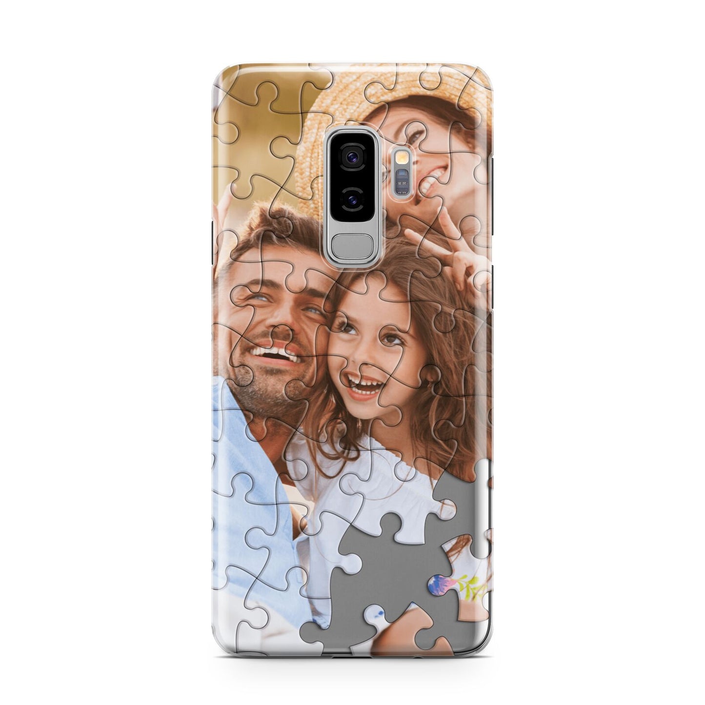 Personalised Photo Upload Puzzle Effect Samsung Galaxy S9 Plus Case on Silver phone