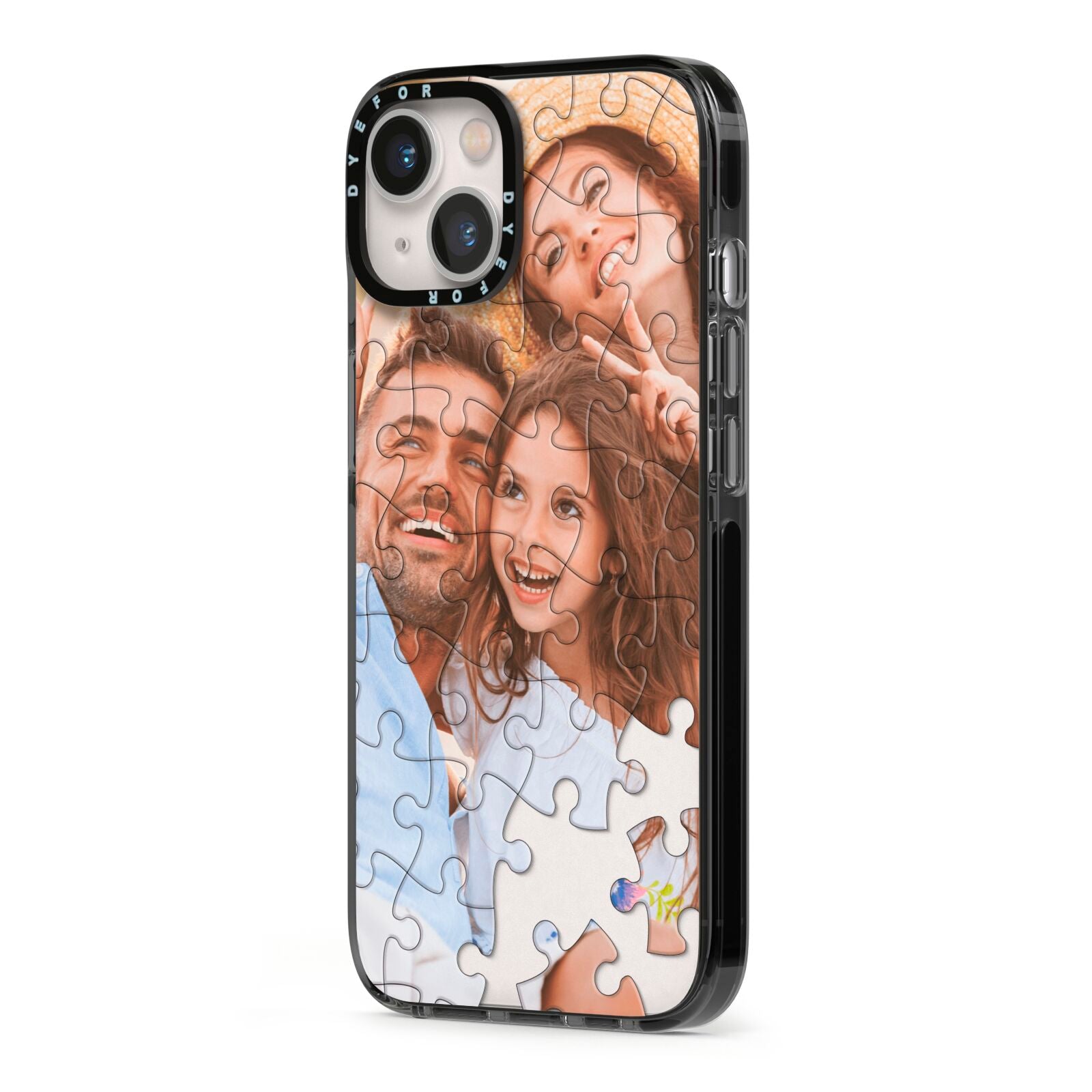 Personalised Photo Upload Puzzle Effect iPhone 13 Black Impact Case Side Angle on Silver phone