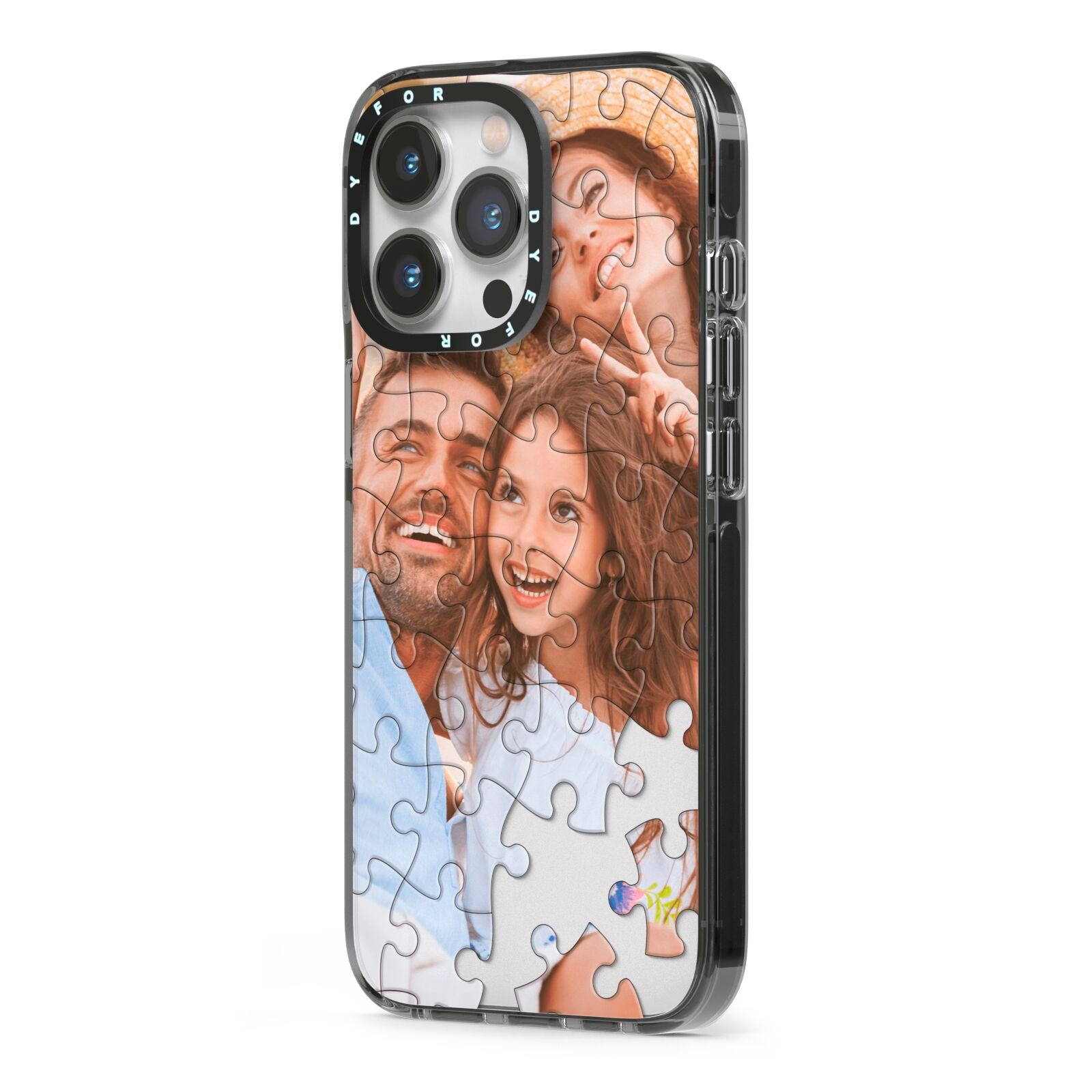 Personalised Photo Upload Puzzle Effect iPhone 13 Pro Black Impact Case Side Angle on Silver phone