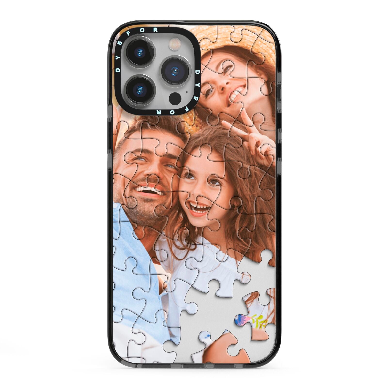 Personalised Photo Upload Puzzle Effect iPhone 13 Pro Max Black Impact Case on Silver phone