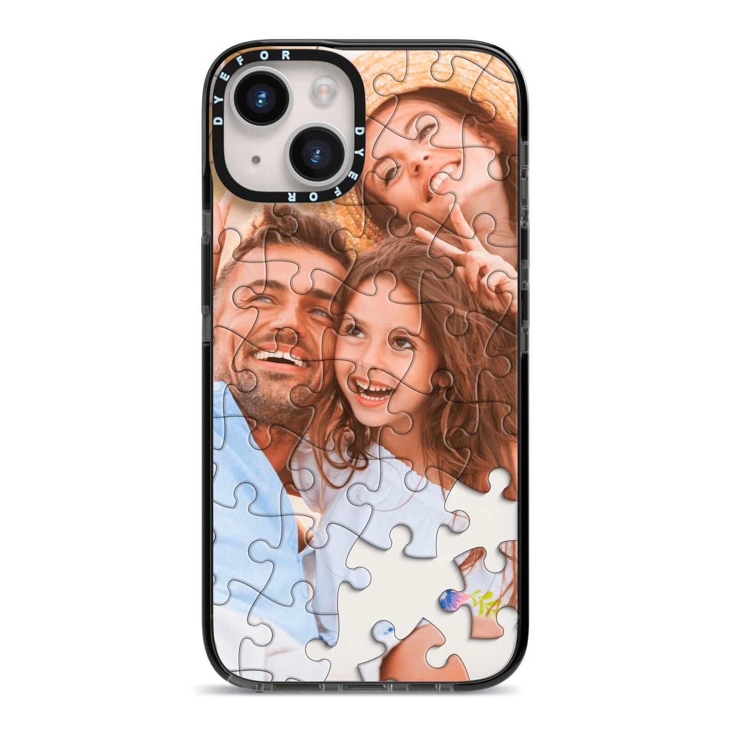 Personalised Photo Upload Puzzle Effect iPhone 14 Black Impact Case on Silver phone