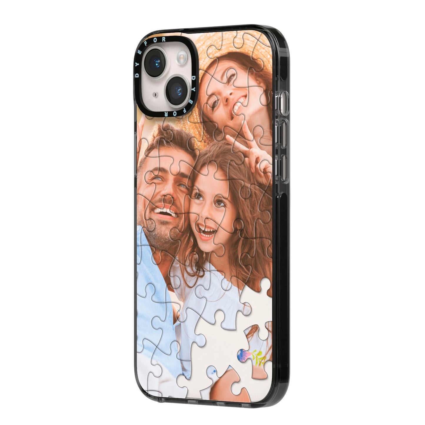 Personalised Photo Upload Puzzle Effect iPhone 14 Plus Black Impact Case Side Angle on Silver phone