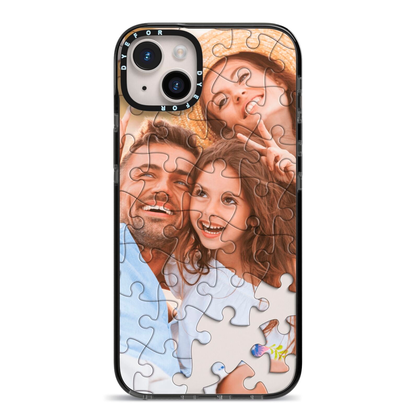 Personalised Photo Upload Puzzle Effect iPhone 14 Plus Black Impact Case on Silver phone