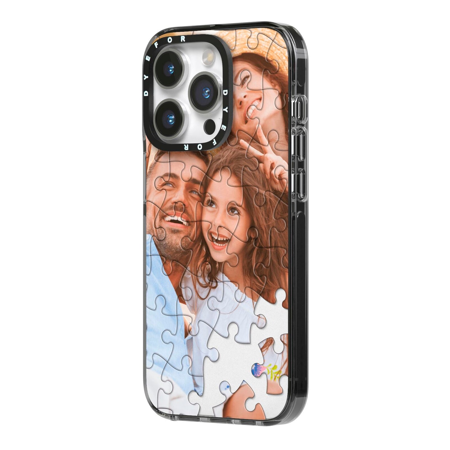 Personalised Photo Upload Puzzle Effect iPhone 14 Pro Black Impact Case Side Angle on Silver phone