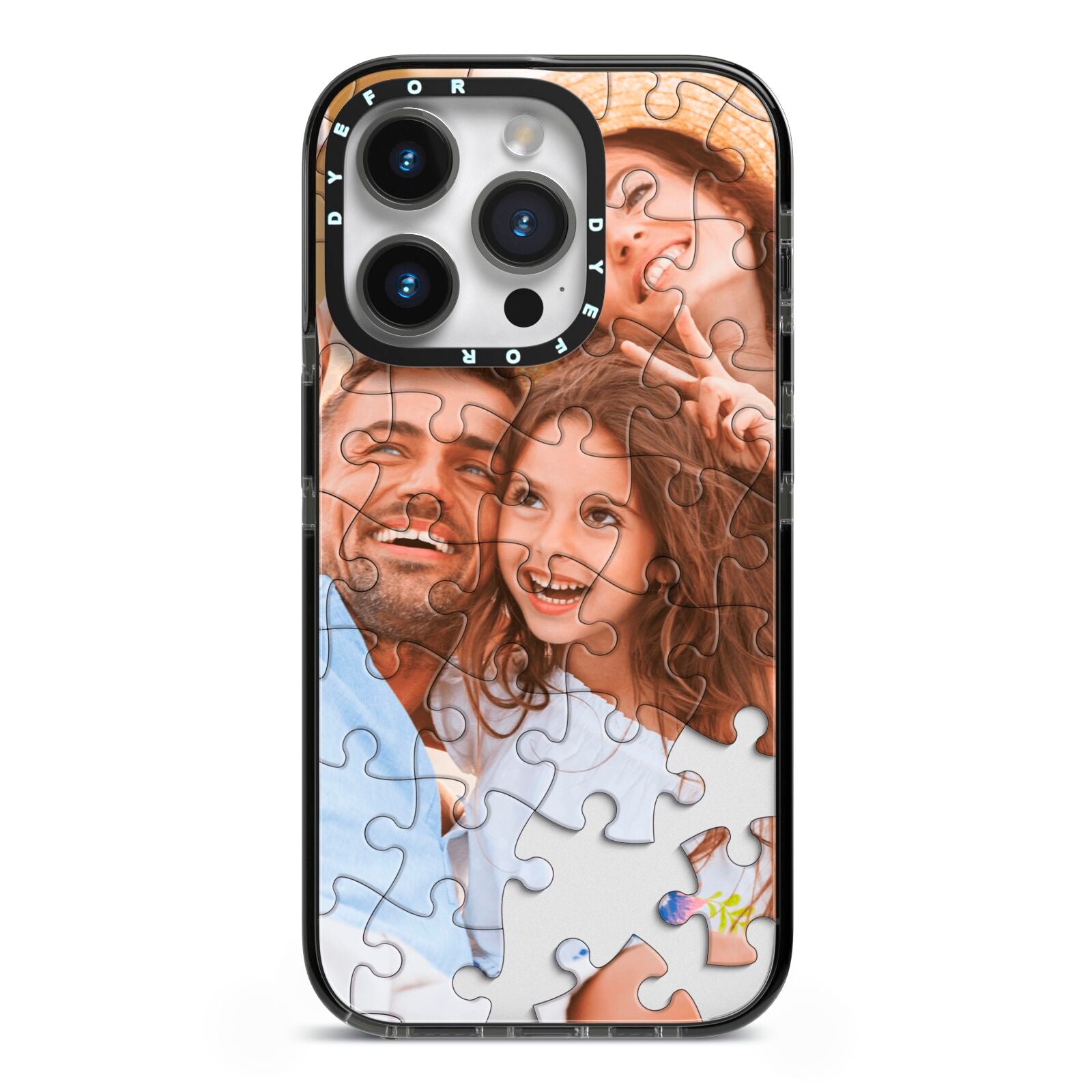 Personalised Photo Upload Puzzle Effect iPhone 14 Pro Black Impact Case on Silver phone