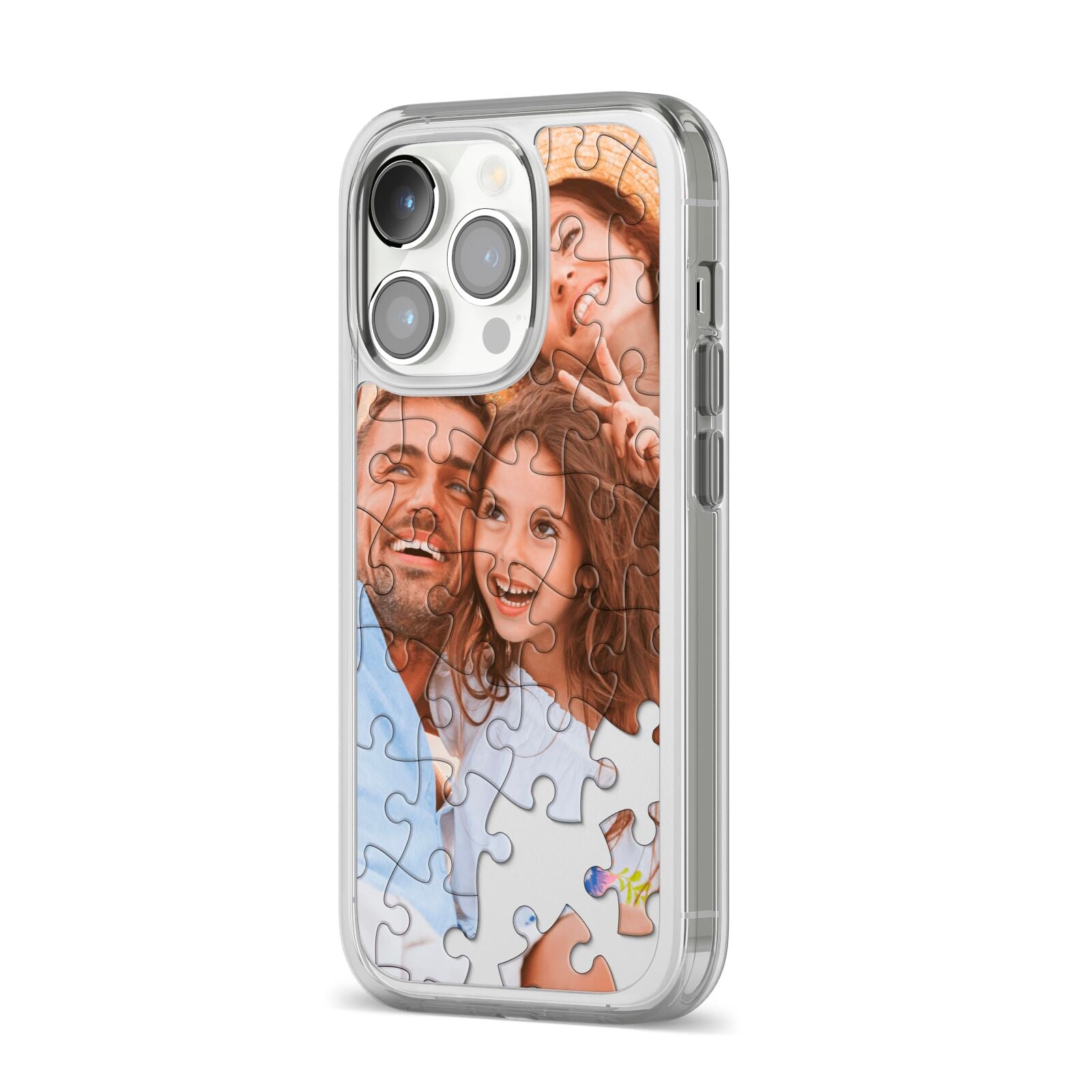 Personalised Photo Upload Puzzle Effect iPhone 14 Pro Clear Tough Case Silver Angled Image