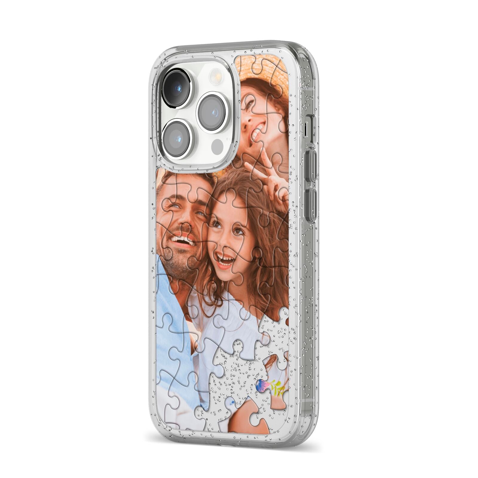 Personalised Photo Upload Puzzle Effect iPhone 14 Pro Glitter Tough Case Silver Angled Image