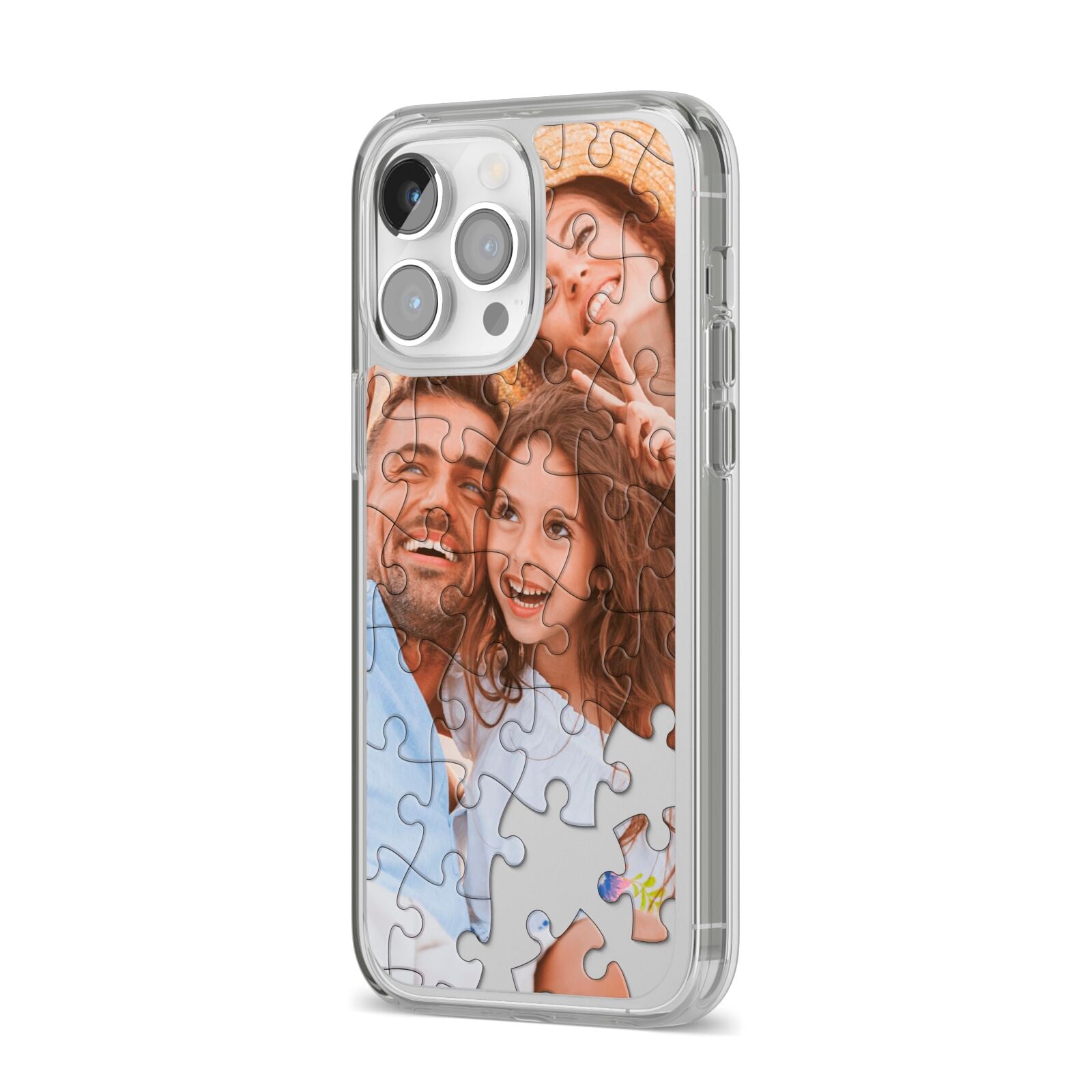 Personalised Photo Upload Puzzle Effect iPhone 14 Pro Max Clear Tough Case Silver Angled Image