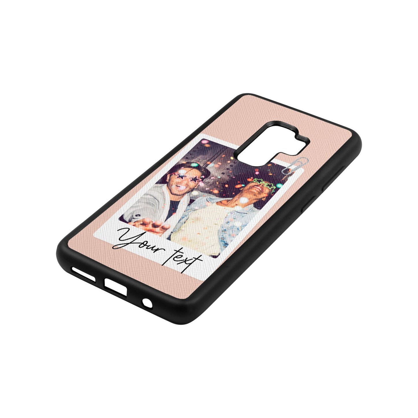 Personalised Photo with Text Nude Saffiano Leather Samsung S9 Plus Case Side Angle