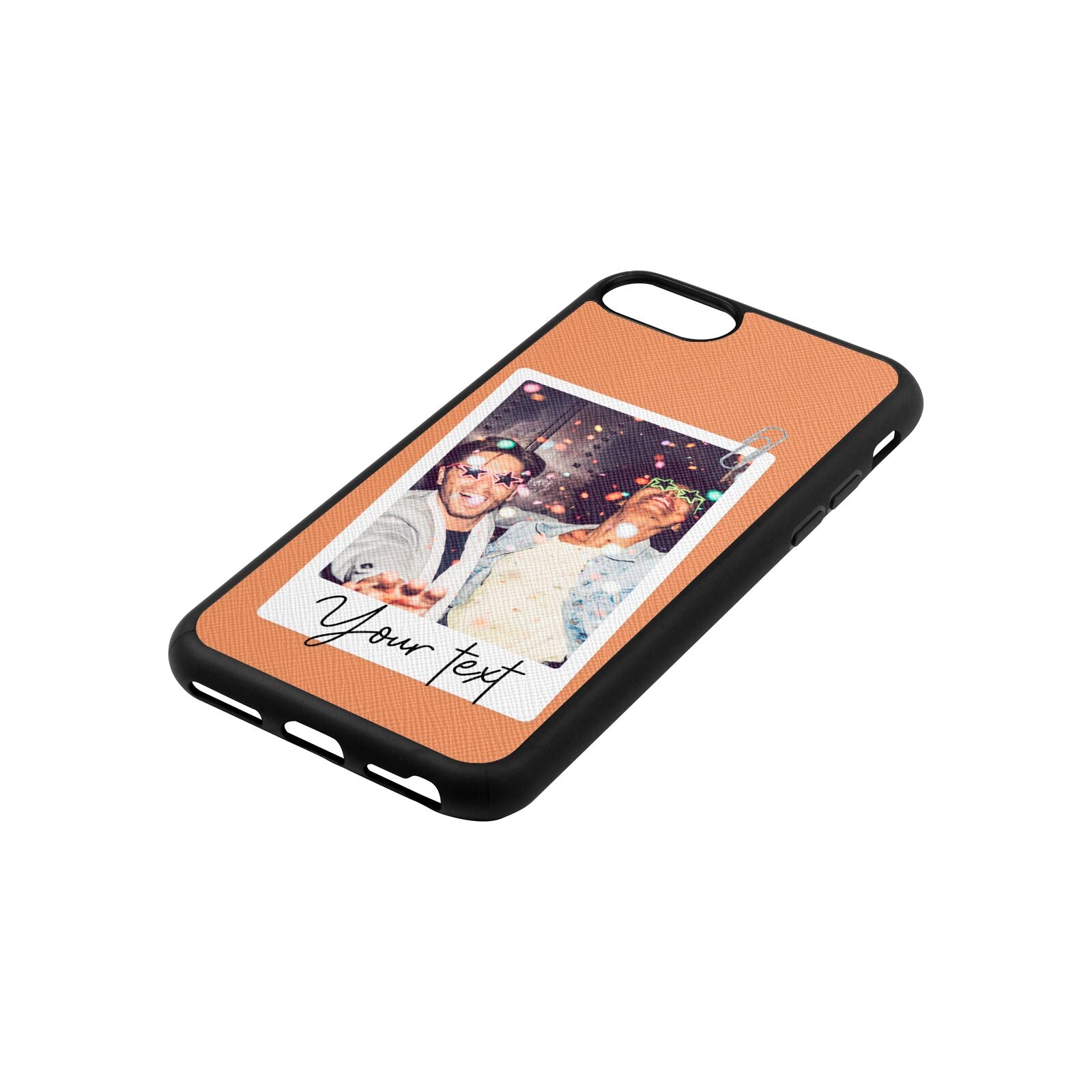 Personalised Photo with Text Orange Saffiano Leather iPhone 8 Case Side Angle