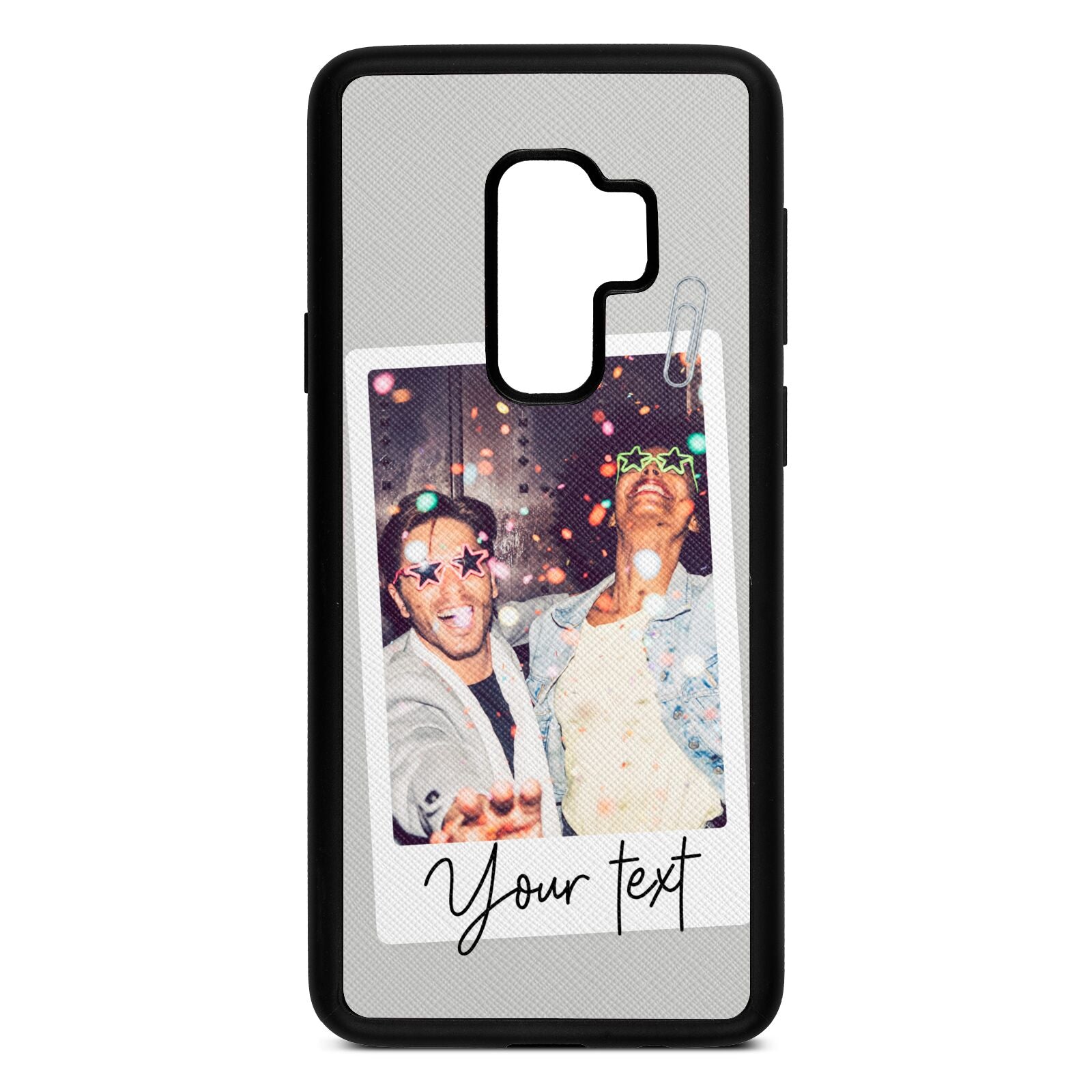 Personalised Photo with Text Silver Saffiano Leather Samsung S9 Plus Case