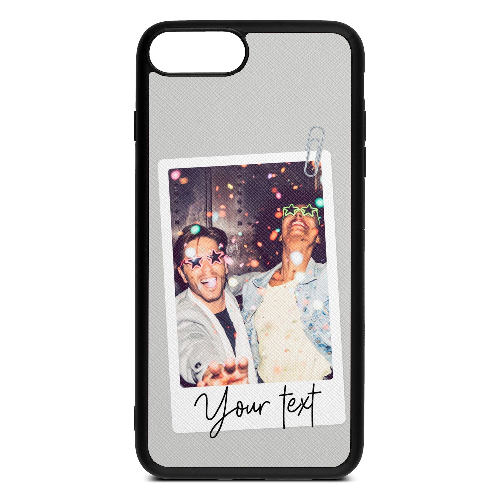 Personalised Photo with Text Silver Saffiano Leather iPhone 8 Plus Case