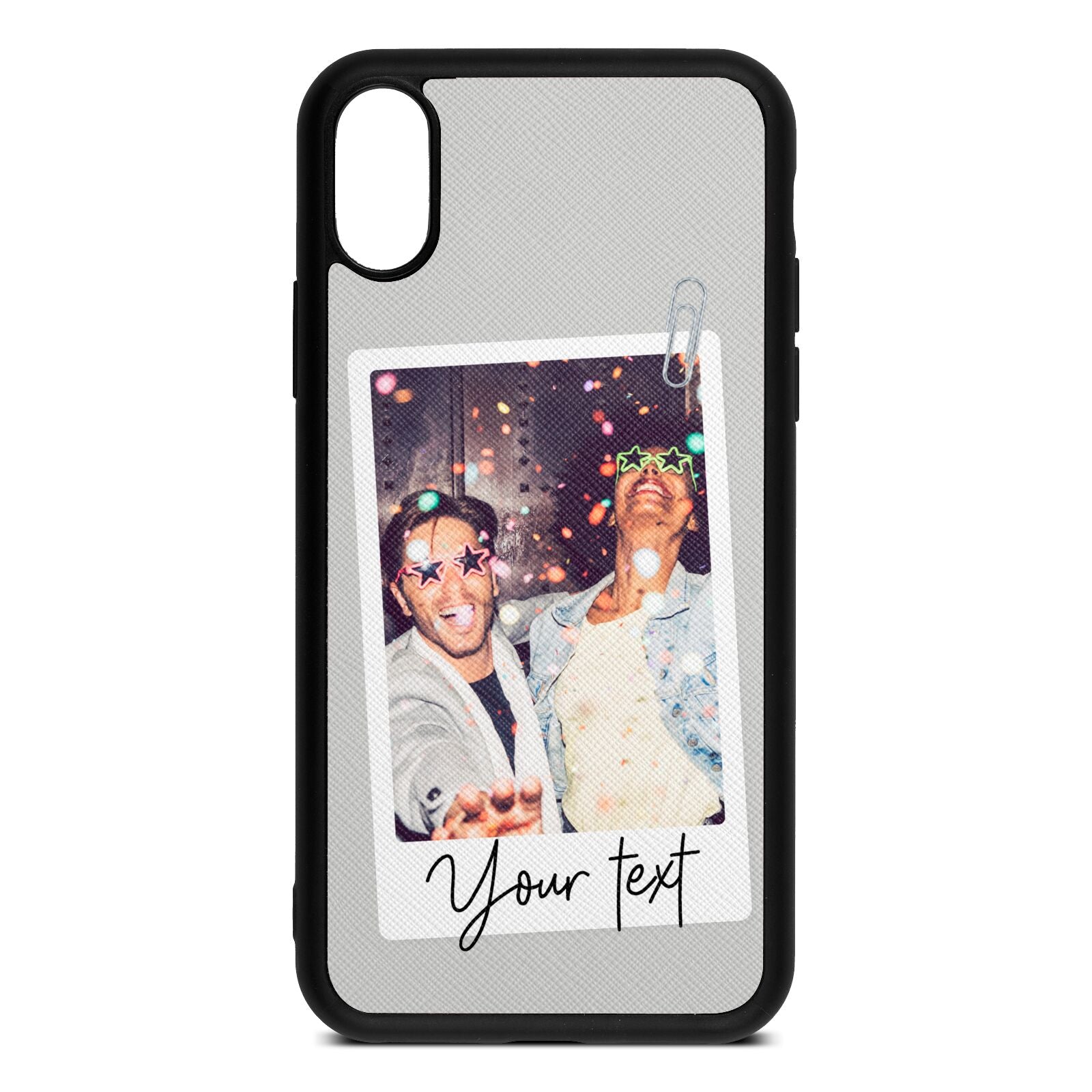 Personalised Photo with Text Silver Saffiano Leather iPhone Xs Case