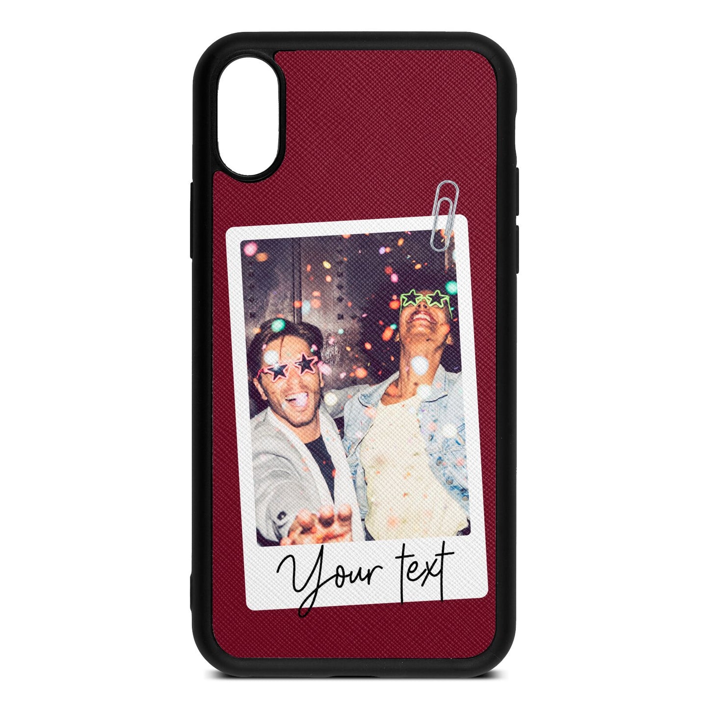 Personalised Photo with Text Wine Red Saffiano Leather iPhone Xs Case