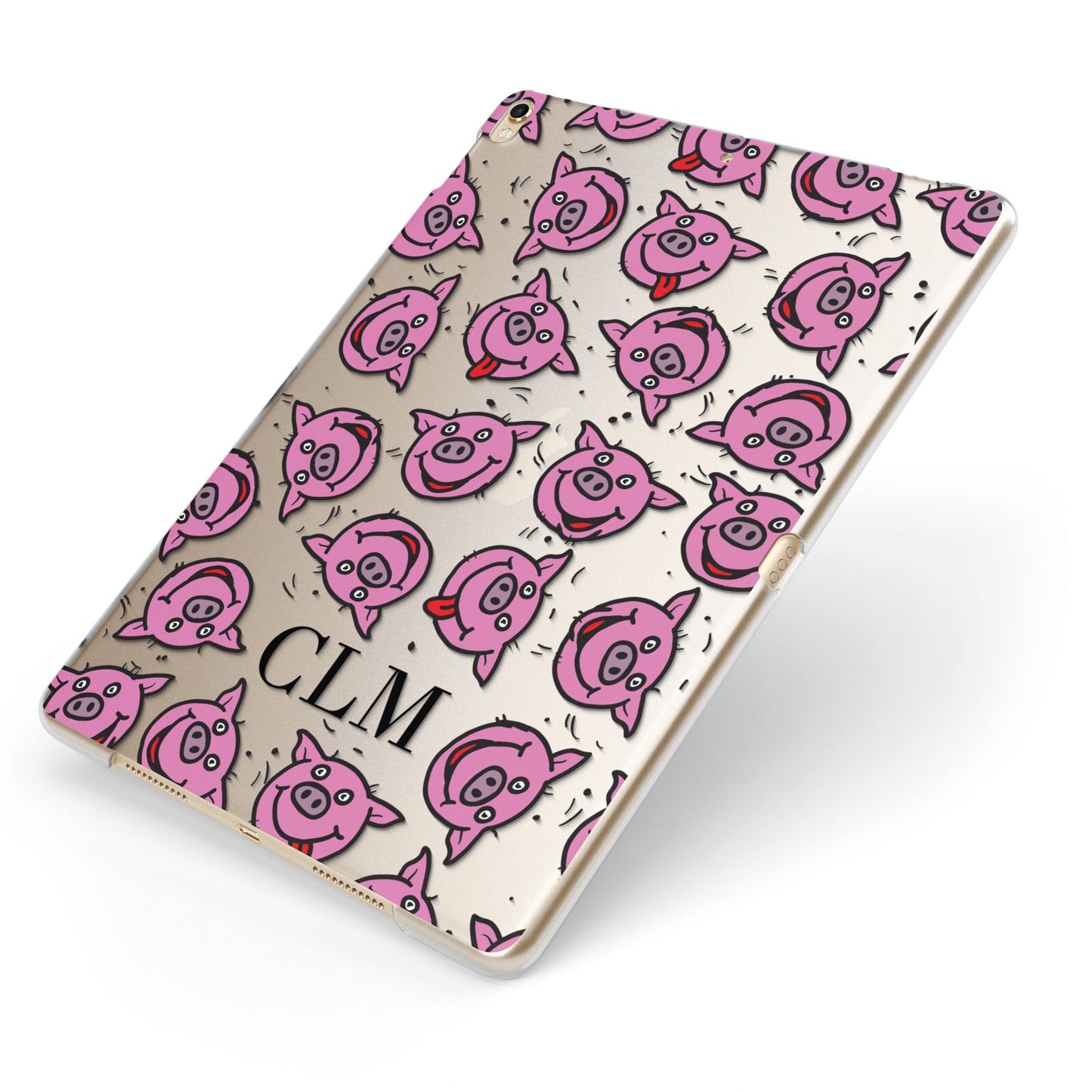 Personalised Pig Initials Clear Apple iPad Case on Gold iPad Side View