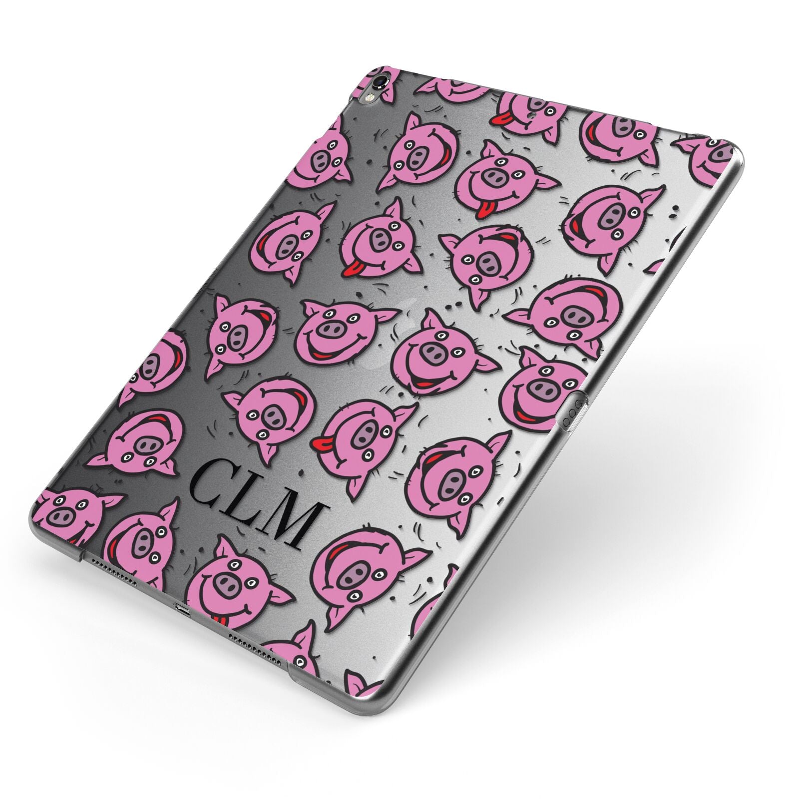 Personalised Pig Initials Clear Apple iPad Case on Grey iPad Side View