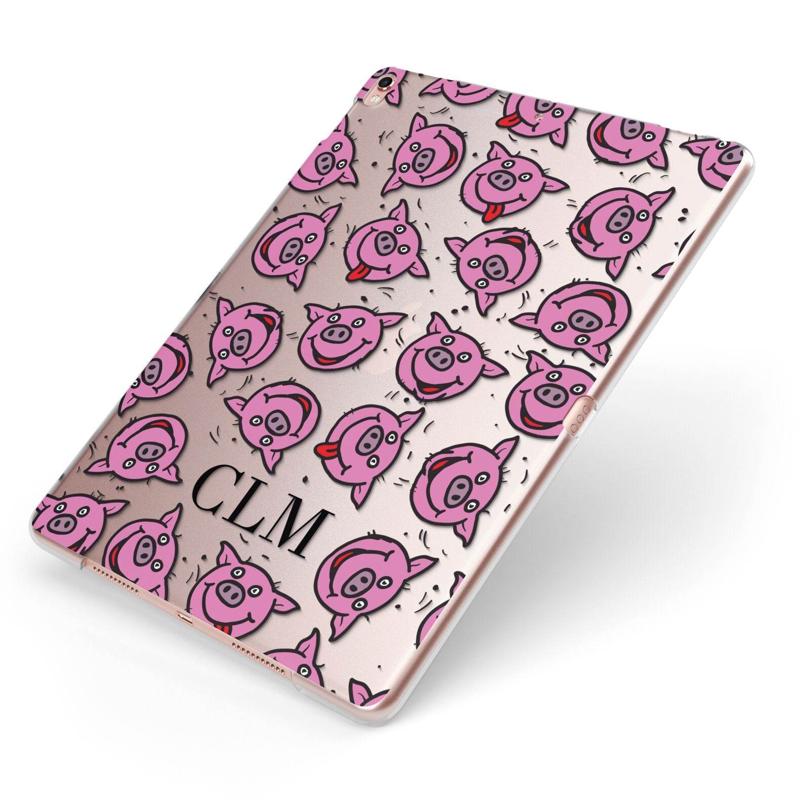 Personalised Pig Initials Clear Apple iPad Case on Rose Gold iPad Side View