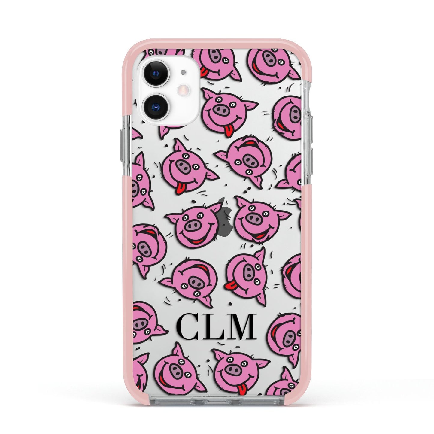 Personalised Pig Initials Clear Apple iPhone 11 in White with Pink Impact Case