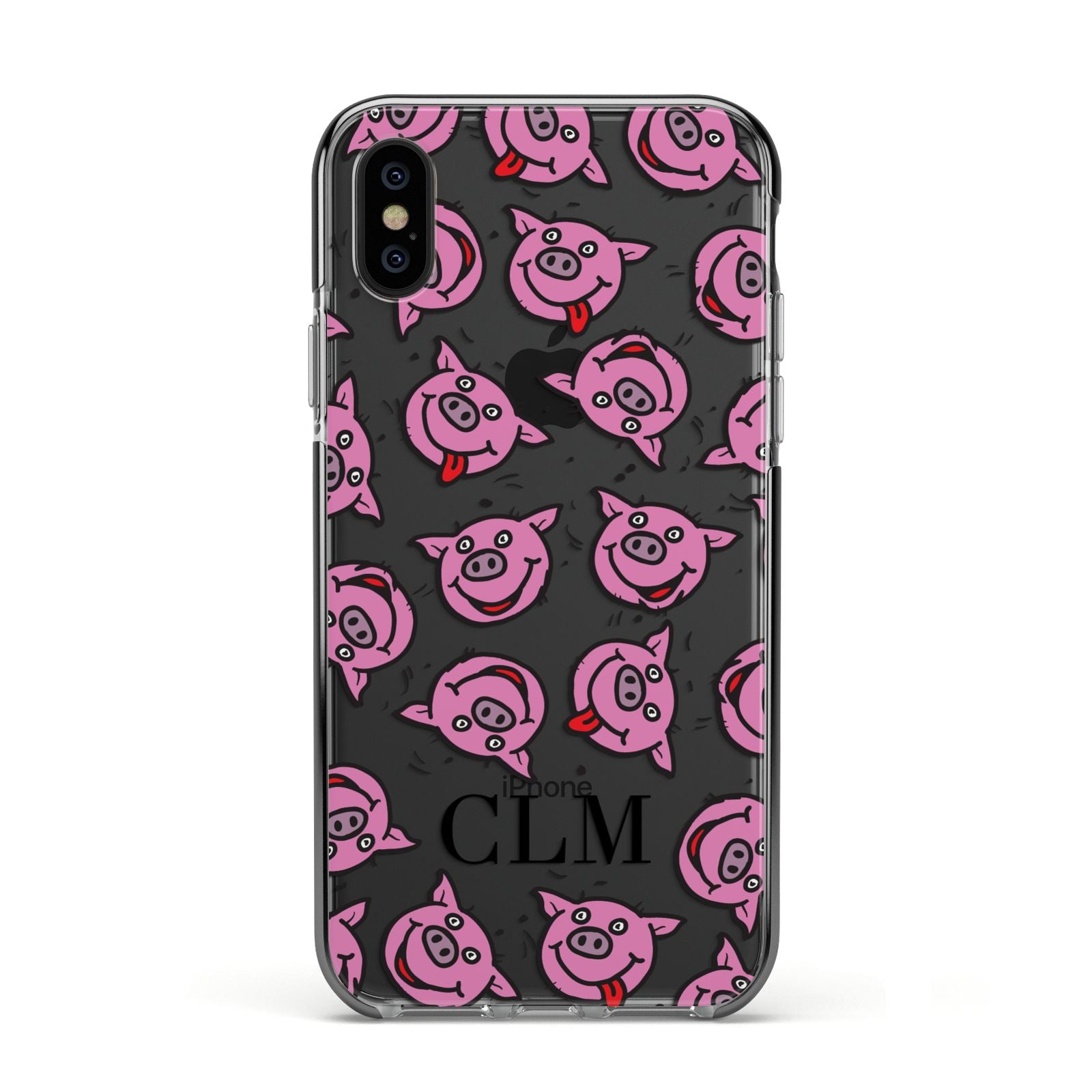 Personalised Pig Initials Clear Apple iPhone Xs Impact Case Black Edge on Black Phone