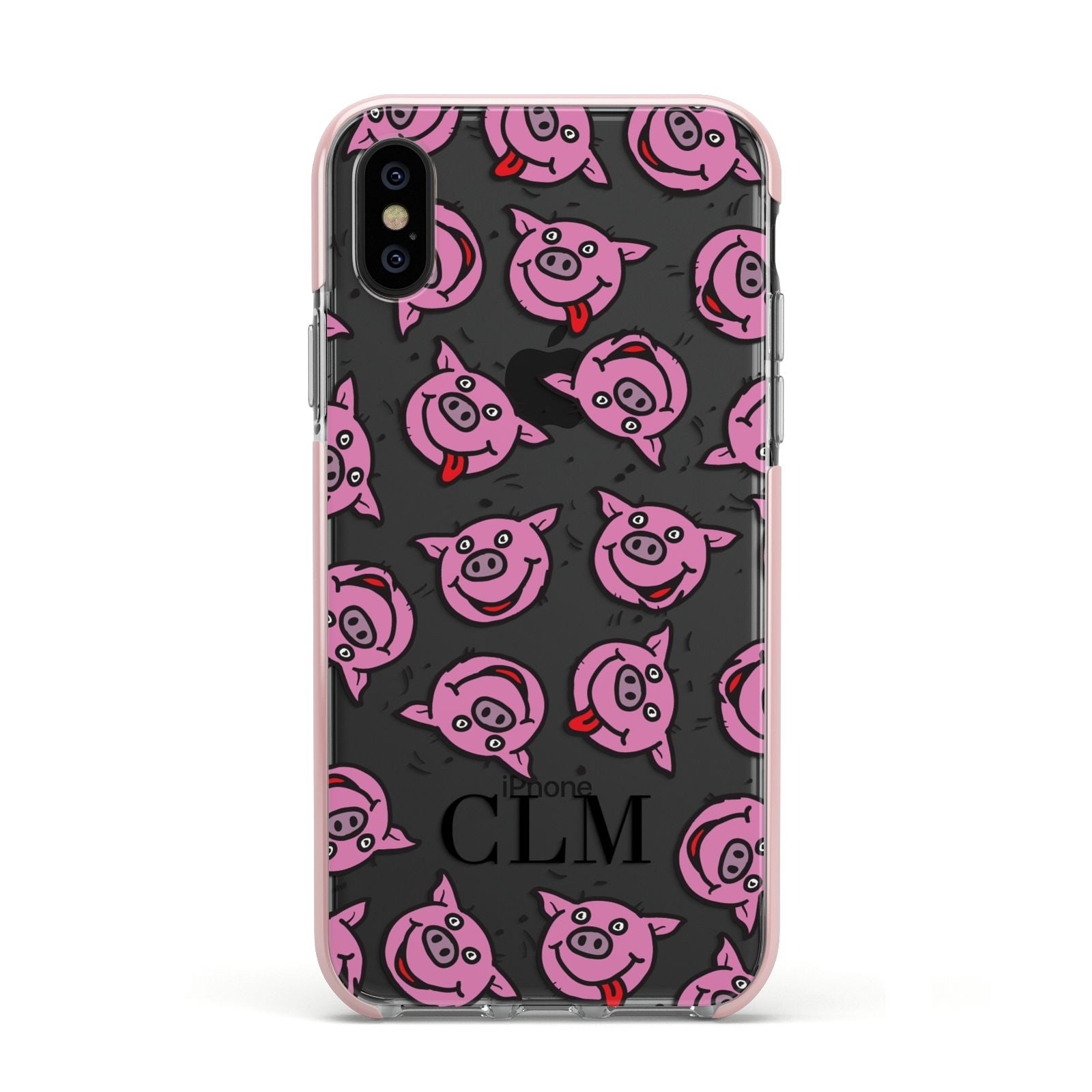 Personalised Pig Initials Clear Apple iPhone Xs Impact Case Pink Edge on Black Phone