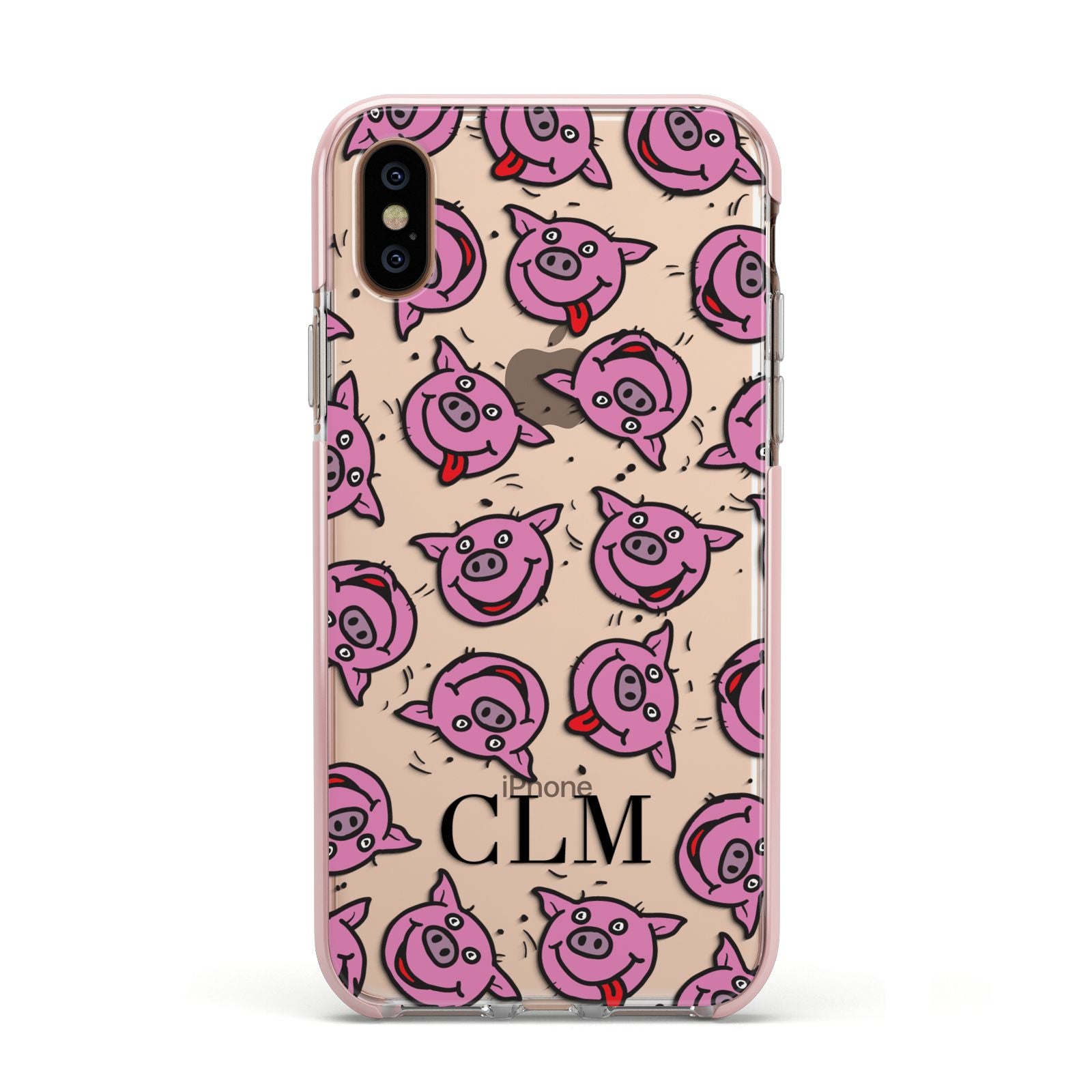 Personalised Pig Initials Clear Apple iPhone Xs Impact Case Pink Edge on Gold Phone