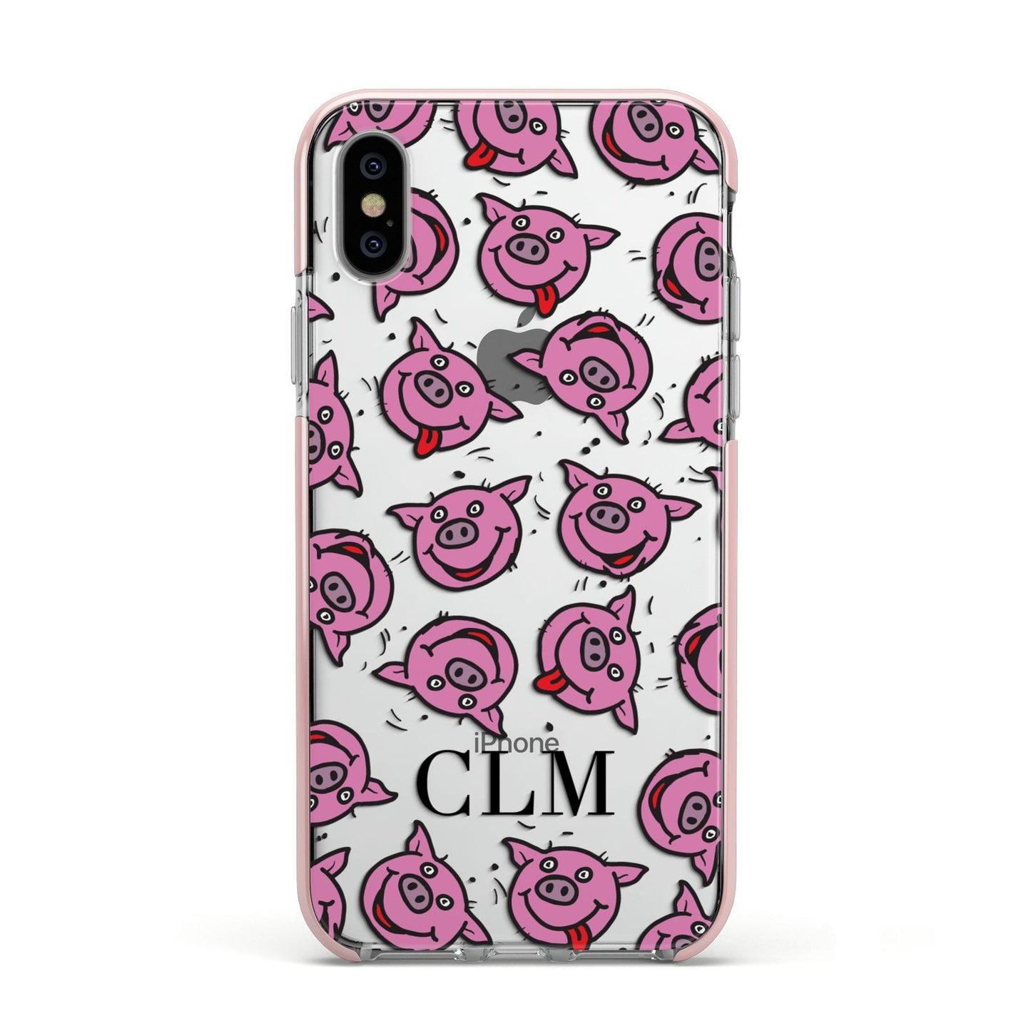 Personalised Pig Initials Clear Apple iPhone Xs Impact Case Pink Edge on Silver Phone