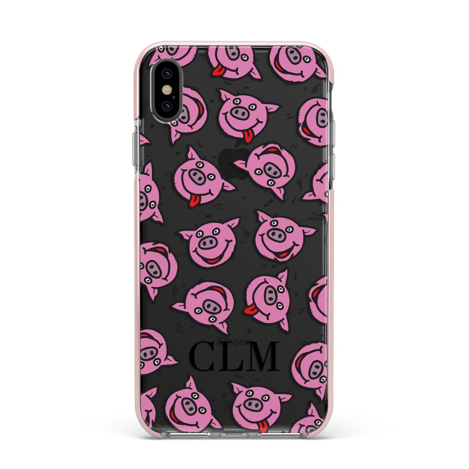 Personalised Pig Initials Clear Apple iPhone Xs Max Impact Case Pink Edge on Black Phone