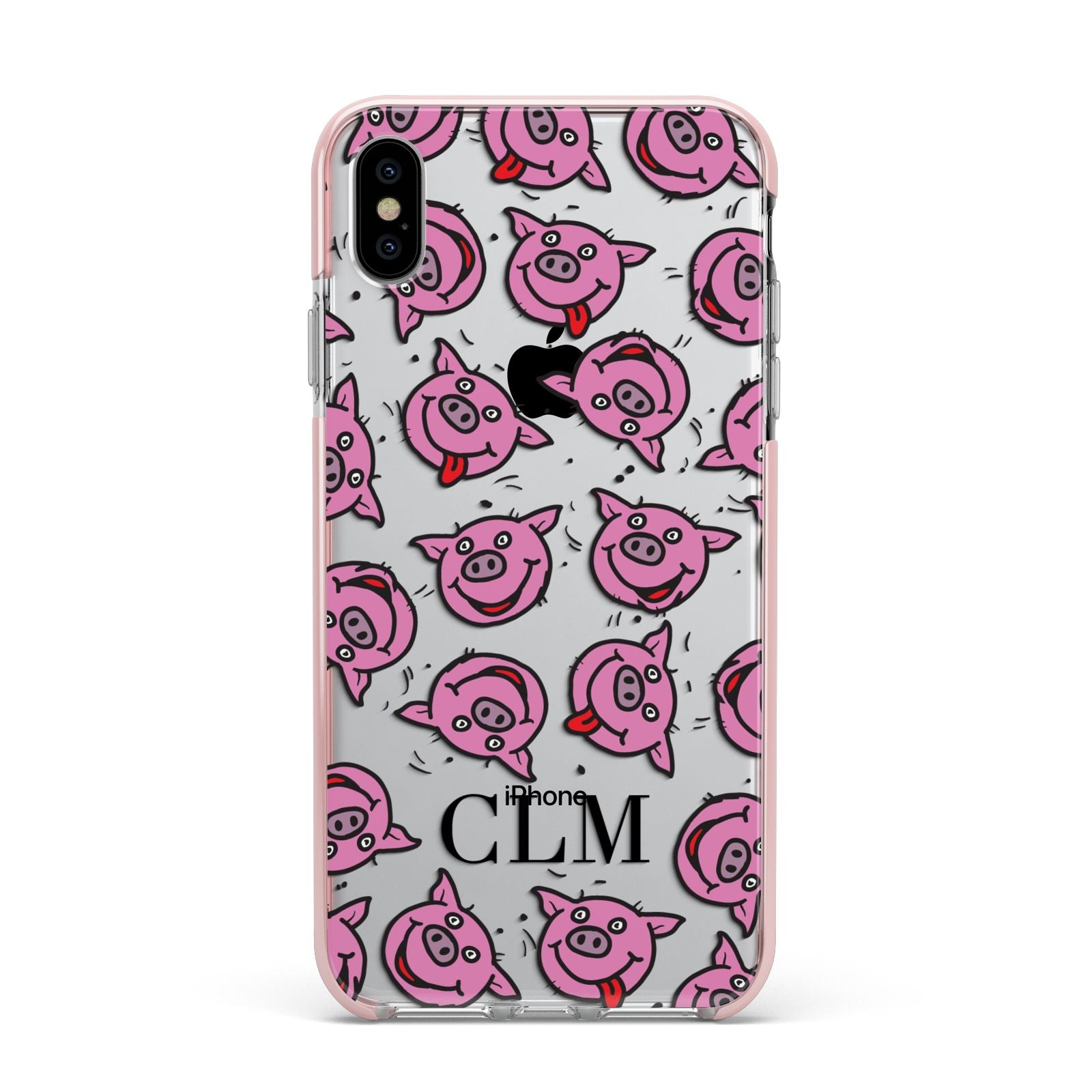 Personalised Pig Initials Clear Apple iPhone Xs Max Impact Case Pink Edge on Silver Phone