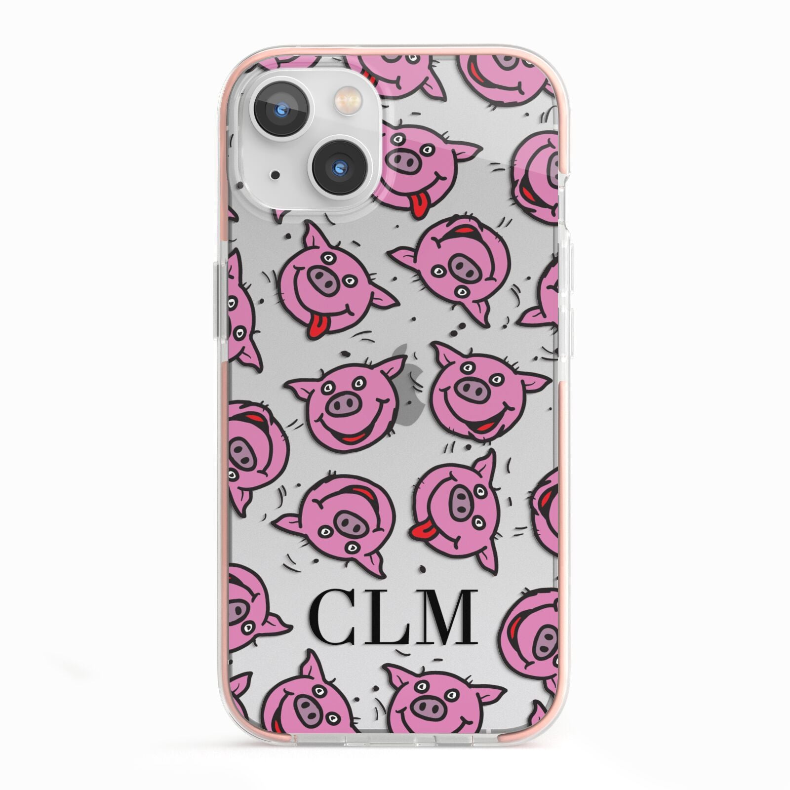 Personalised Pig Initials Clear iPhone 13 TPU Impact Case with Pink Edges