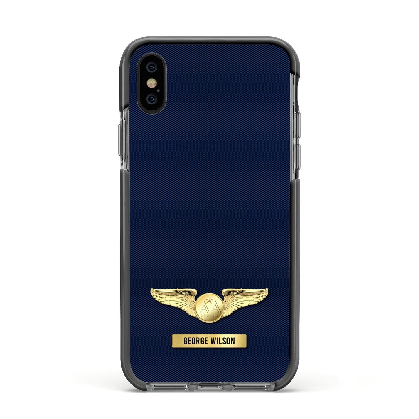 Personalised Pilot Wings Apple iPhone Xs Impact Case Black Edge on Black Phone