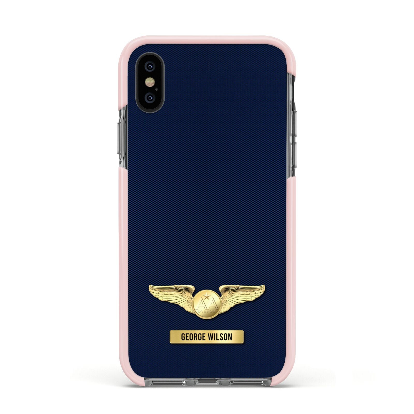 Personalised Pilot Wings Apple iPhone Xs Impact Case Pink Edge on Black Phone