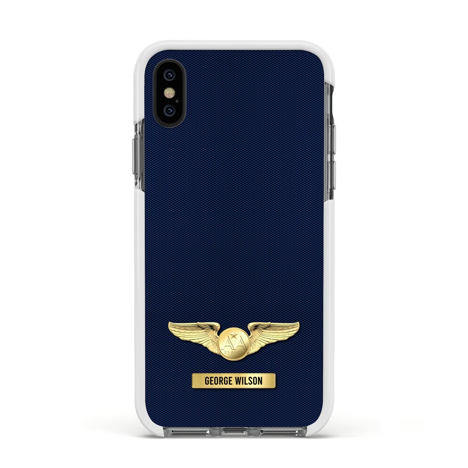 Personalised Pilot Wings Apple iPhone Xs Impact Case White Edge on Black Phone