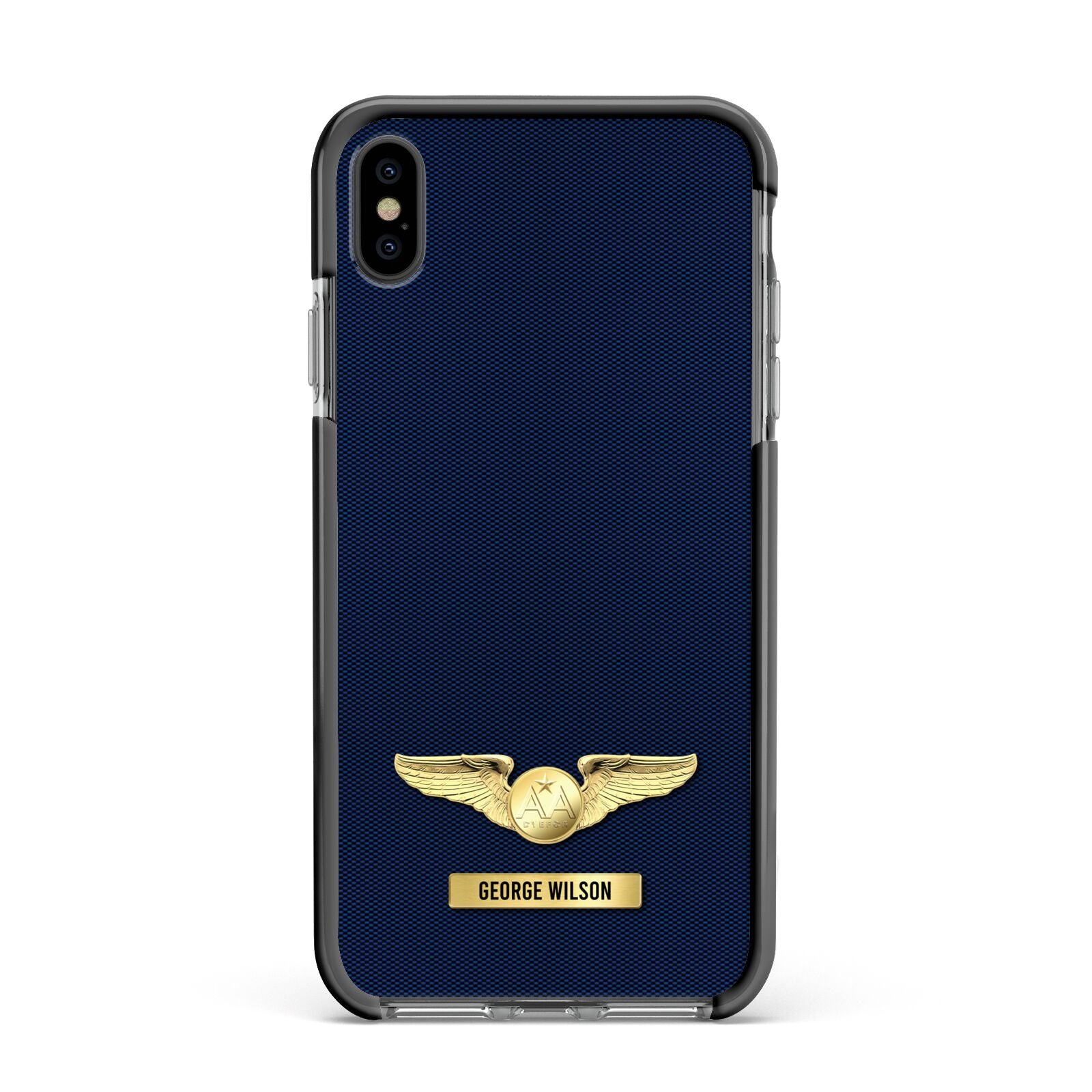 Personalised Pilot Wings Apple iPhone Xs Max Impact Case Black Edge on Black Phone