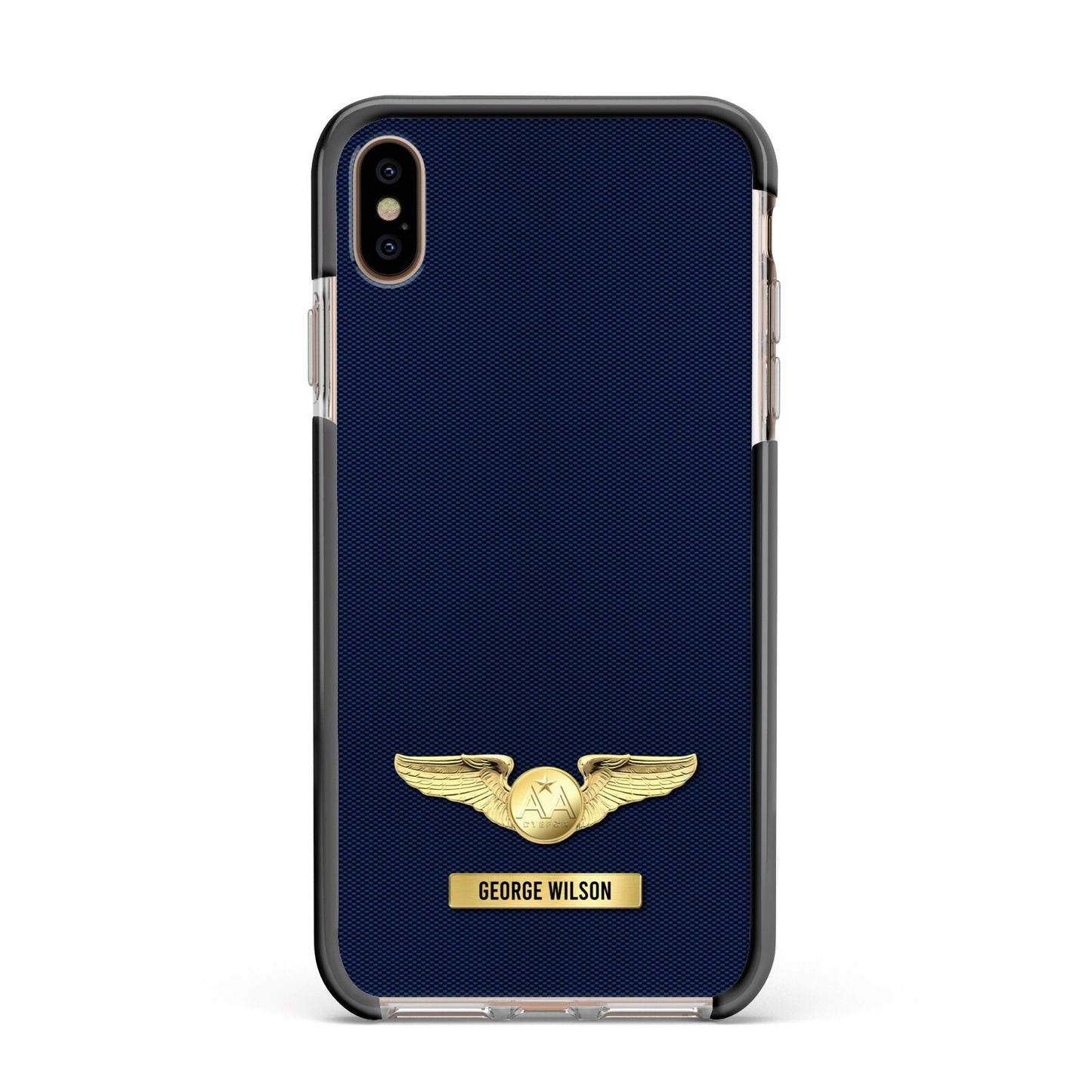 Personalised Pilot Wings Apple iPhone Xs Max Impact Case Black Edge on Gold Phone