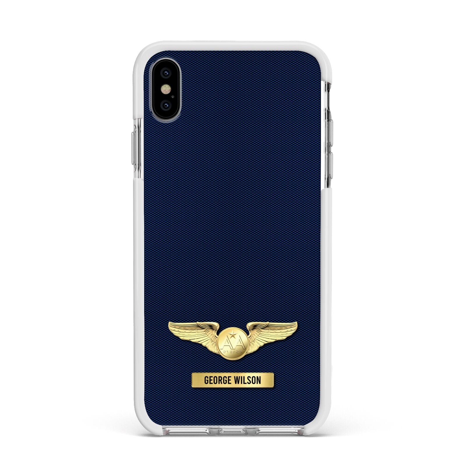 Personalised Pilot Wings Apple iPhone Xs Max Impact Case White Edge on Silver Phone