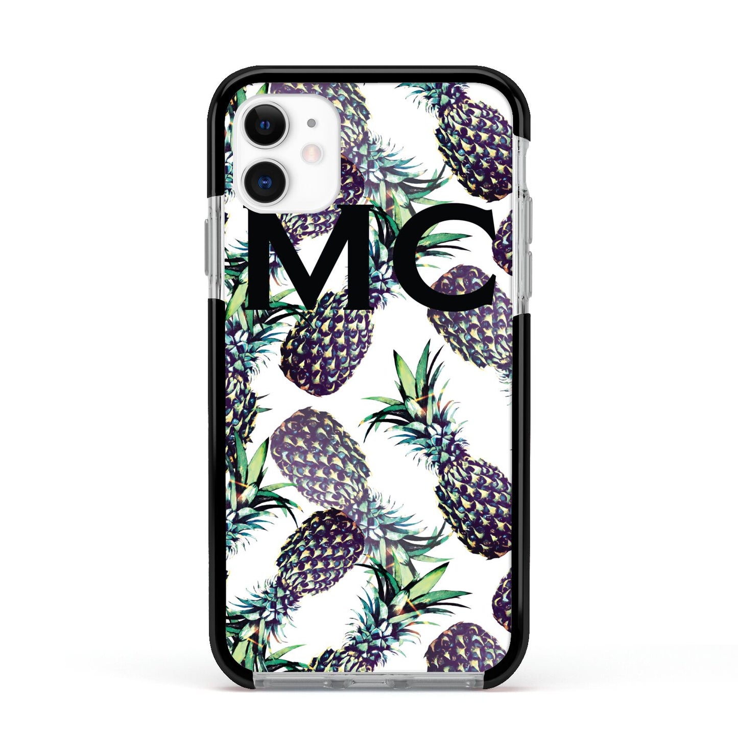 Personalised Pineapple Tropical White Apple iPhone 11 in White with Black Impact Case