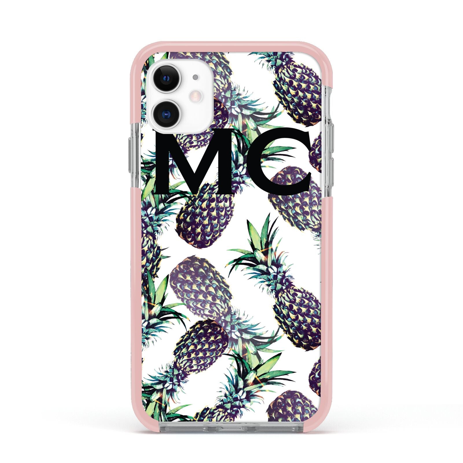 Personalised Pineapple Tropical White Apple iPhone 11 in White with Pink Impact Case