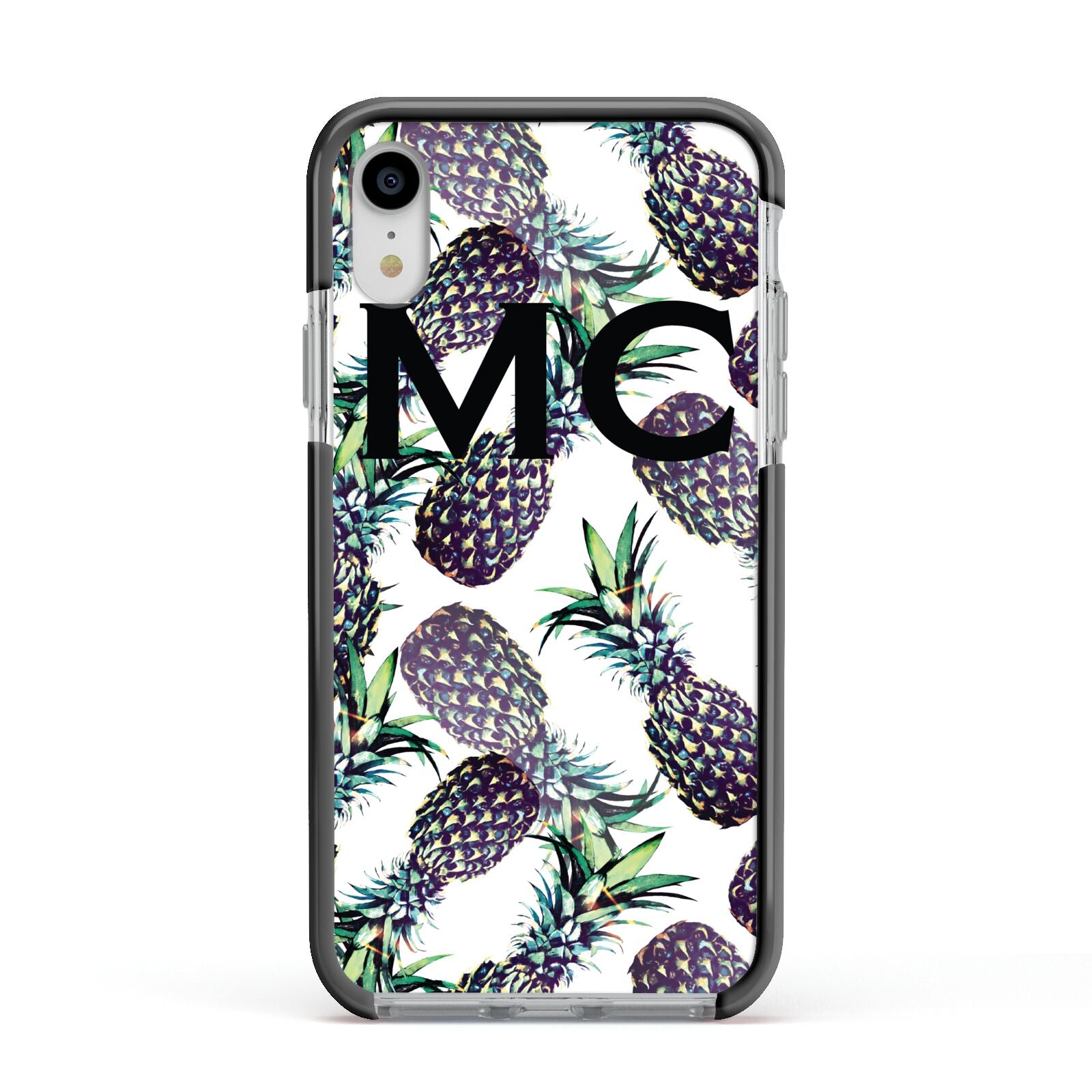 Personalised Pineapple Tropical White Apple iPhone XR Impact Case Black Edge on Silver Phone