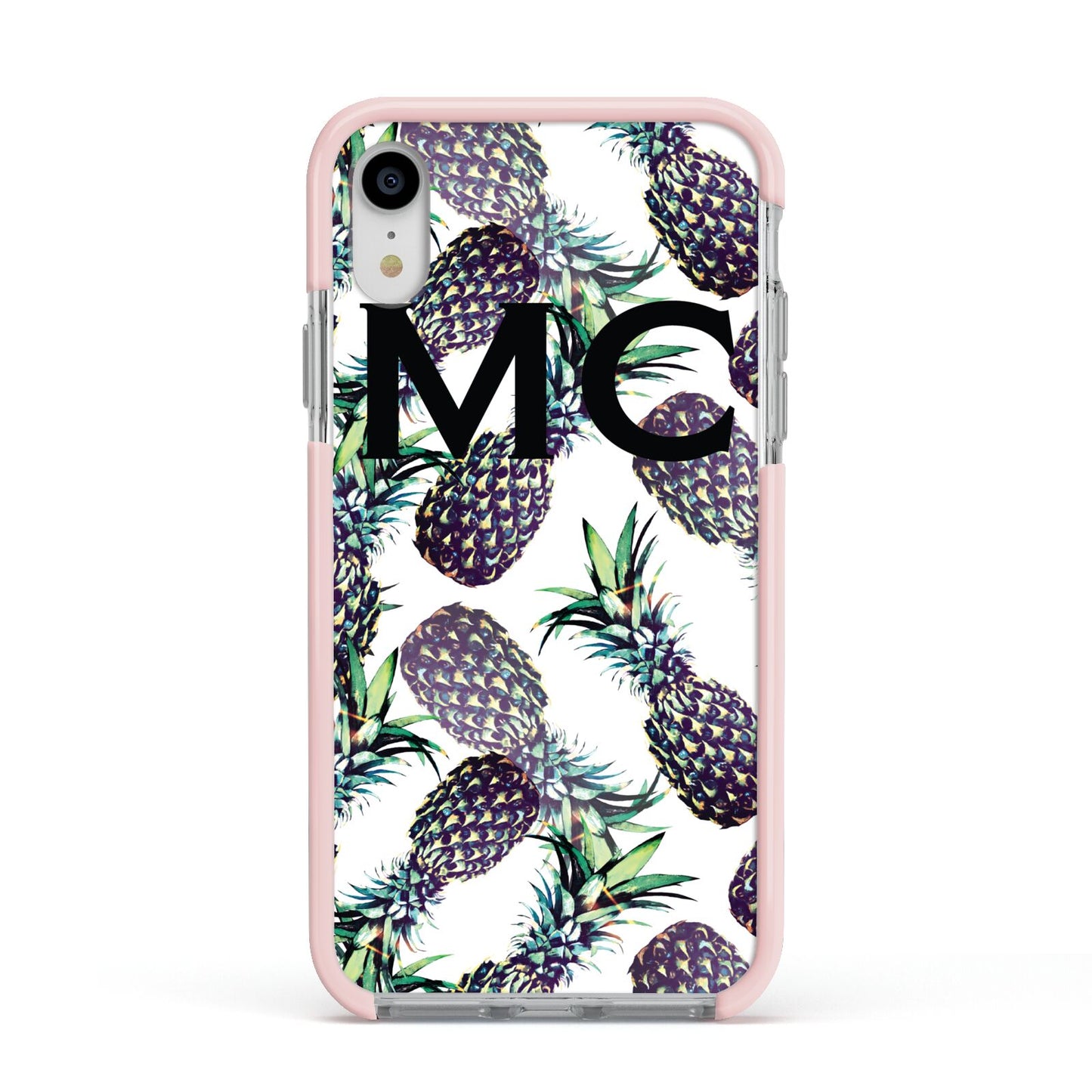 Personalised Pineapple Tropical White Apple iPhone XR Impact Case Pink Edge on Silver Phone