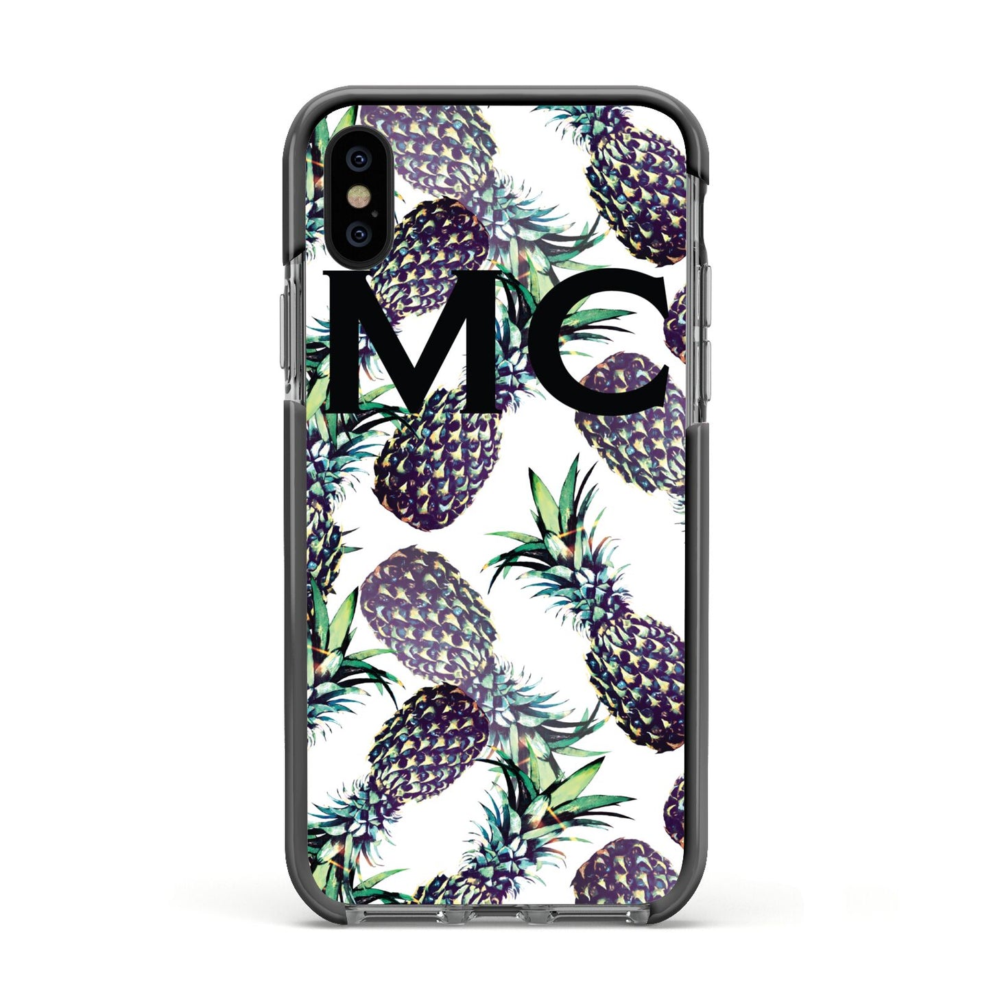 Personalised Pineapple Tropical White Apple iPhone Xs Impact Case Black Edge on Black Phone