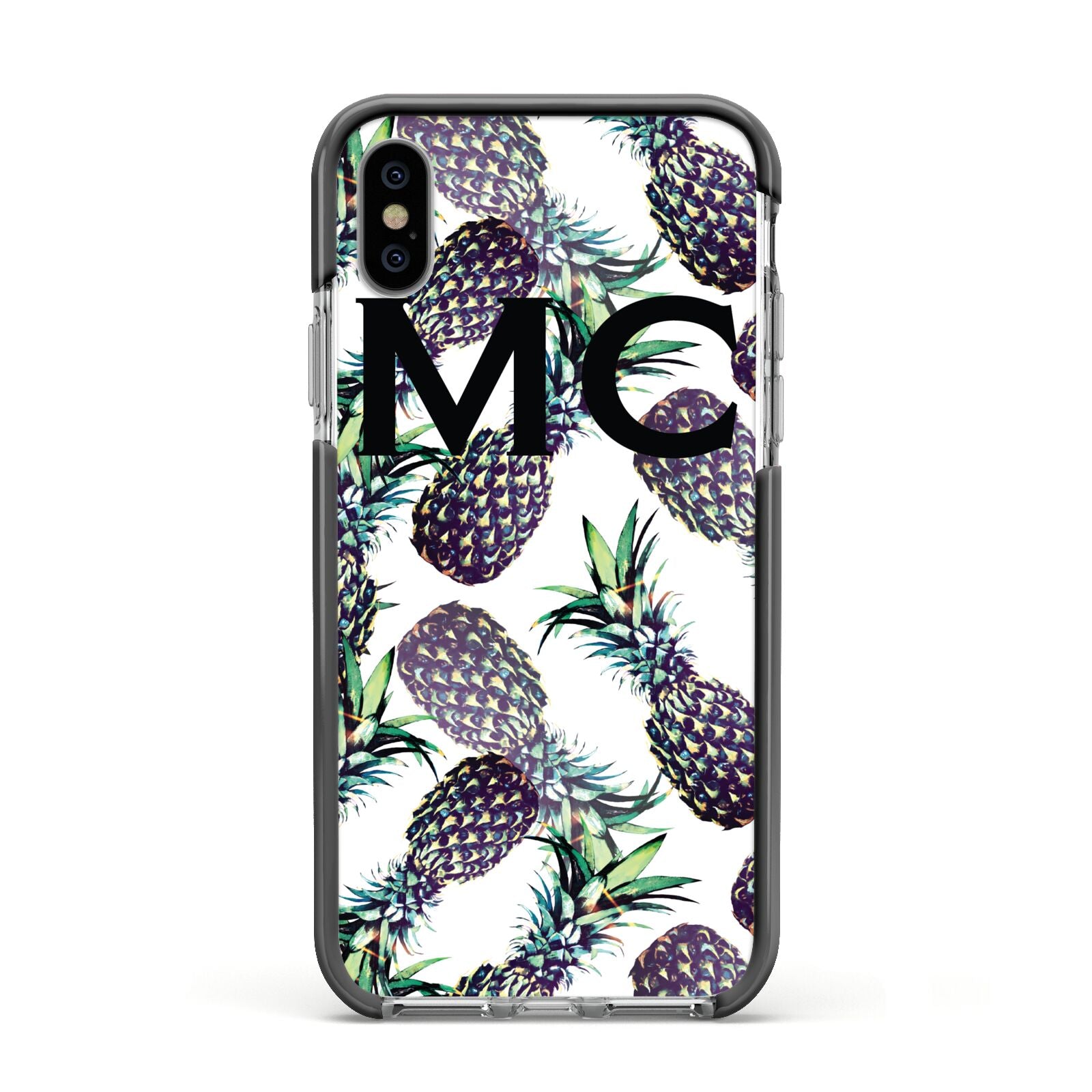 Personalised Pineapple Tropical White Apple iPhone Xs Impact Case Black Edge on Silver Phone