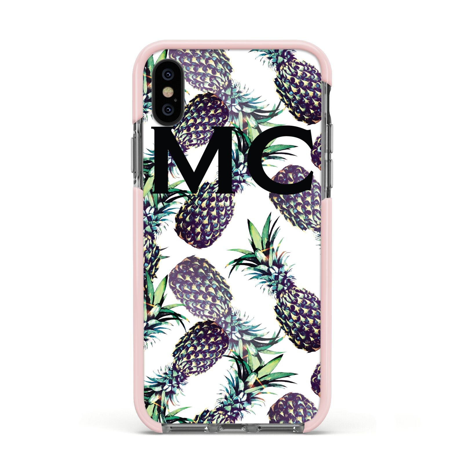 Personalised Pineapple Tropical White Apple iPhone Xs Impact Case Pink Edge on Black Phone