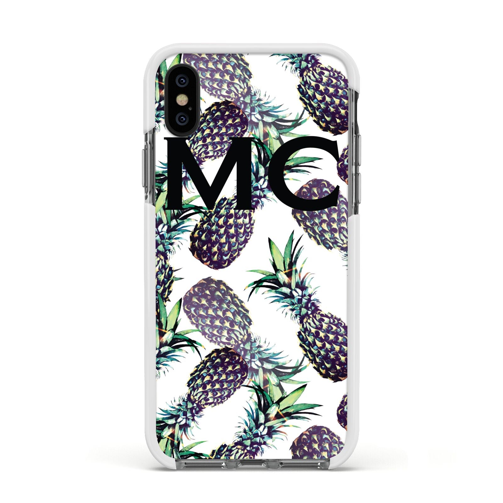 Personalised Pineapple Tropical White Apple iPhone Xs Impact Case White Edge on Black Phone